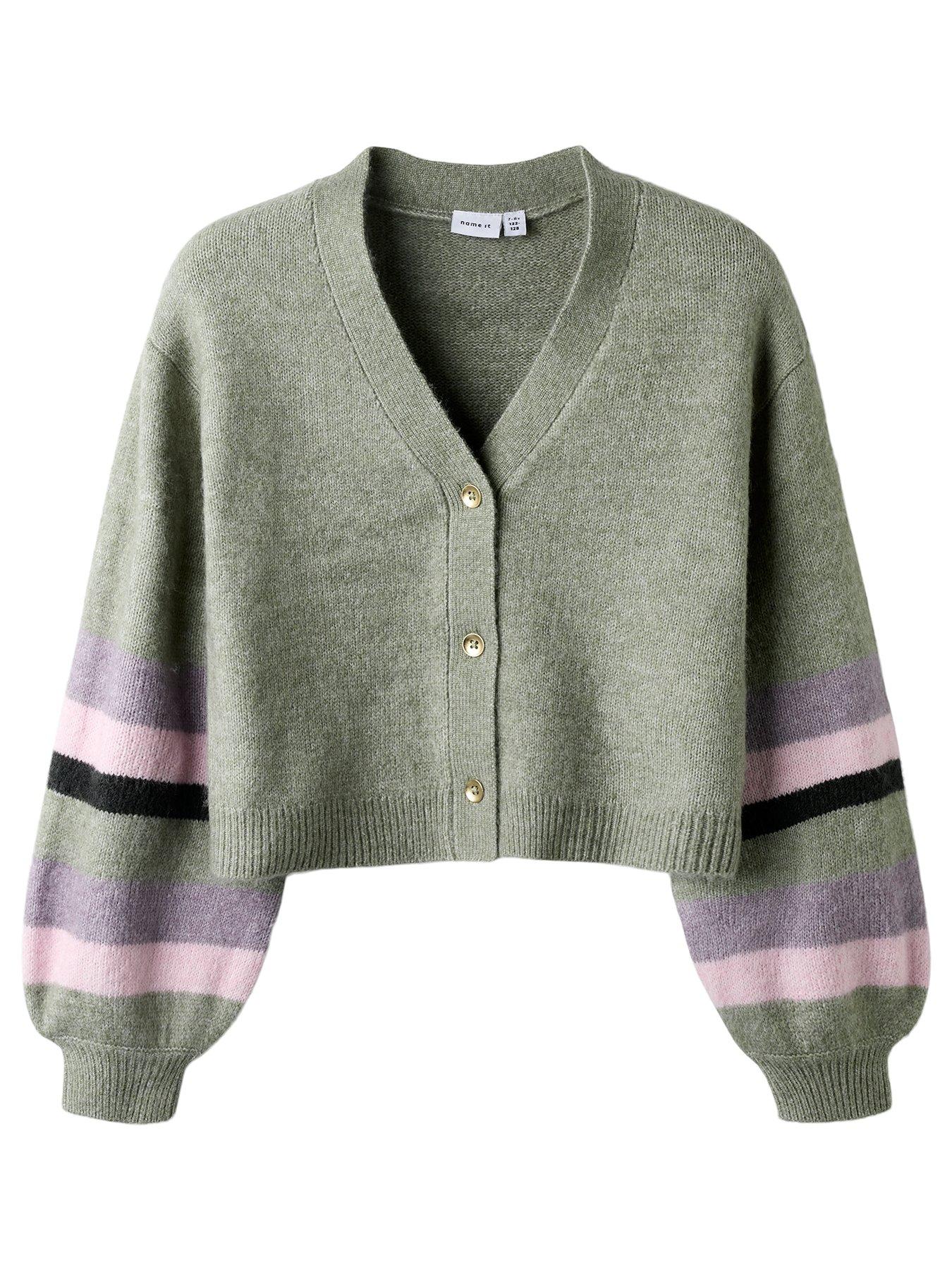 name-it-girls-stripe-sleeve-knitted-cardigan-green