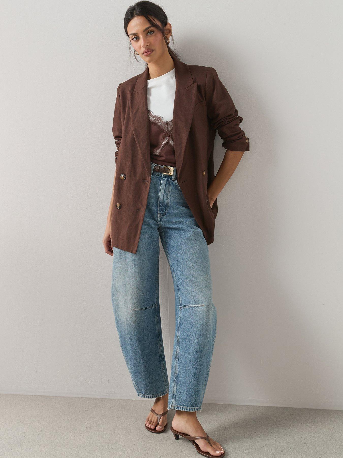 Image 1 of 6 of The Very Collection Double Breasted Linen Blazer - Brown