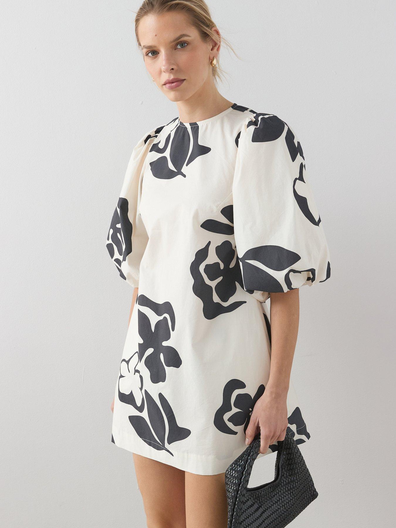 The Very Collection Puff Sleeve Printed Mini Dress - White