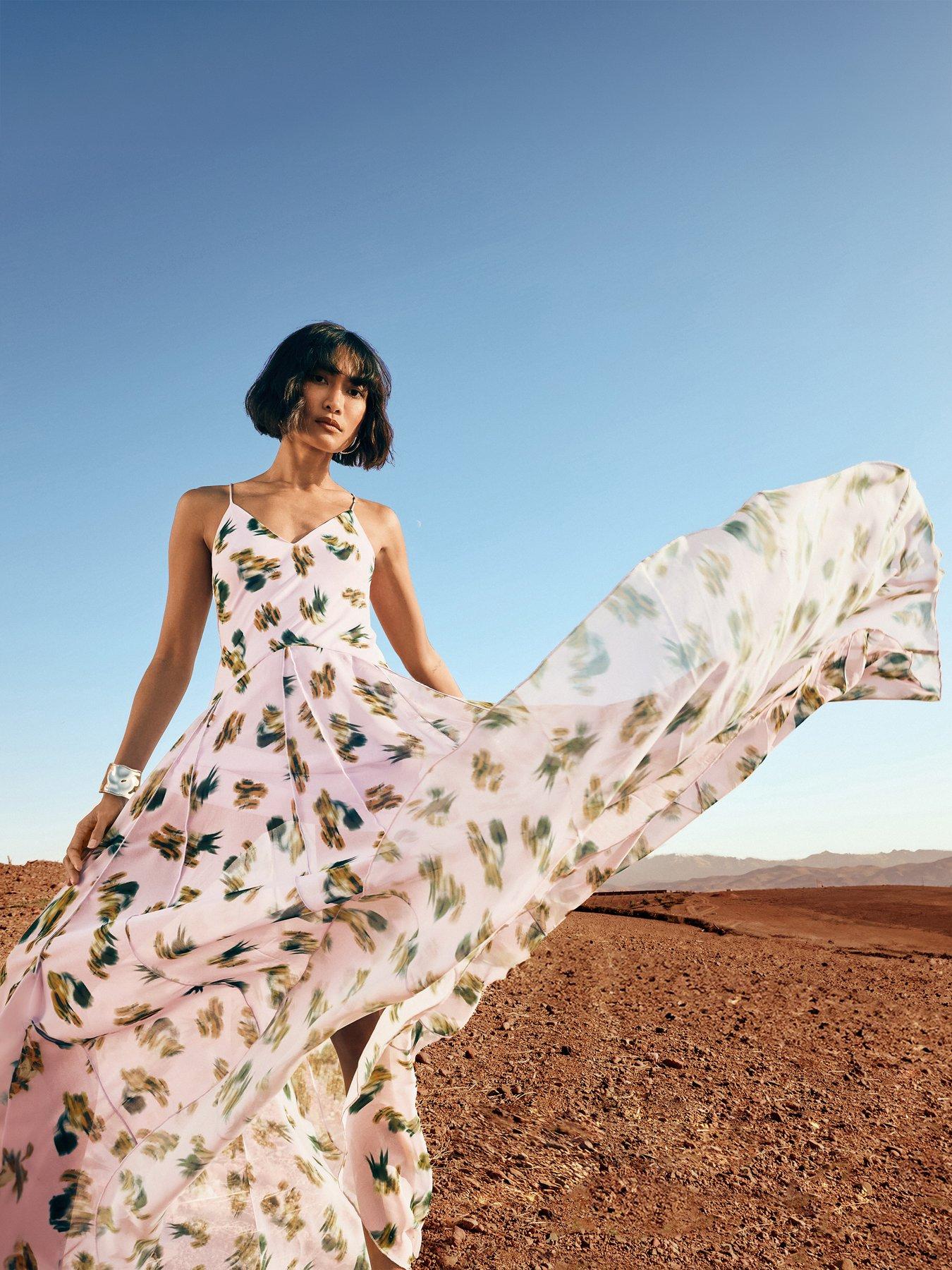 Image 1 of 7 of The Very Collection Strappy Printed Volume Hem Maxi Dress - Lilac
