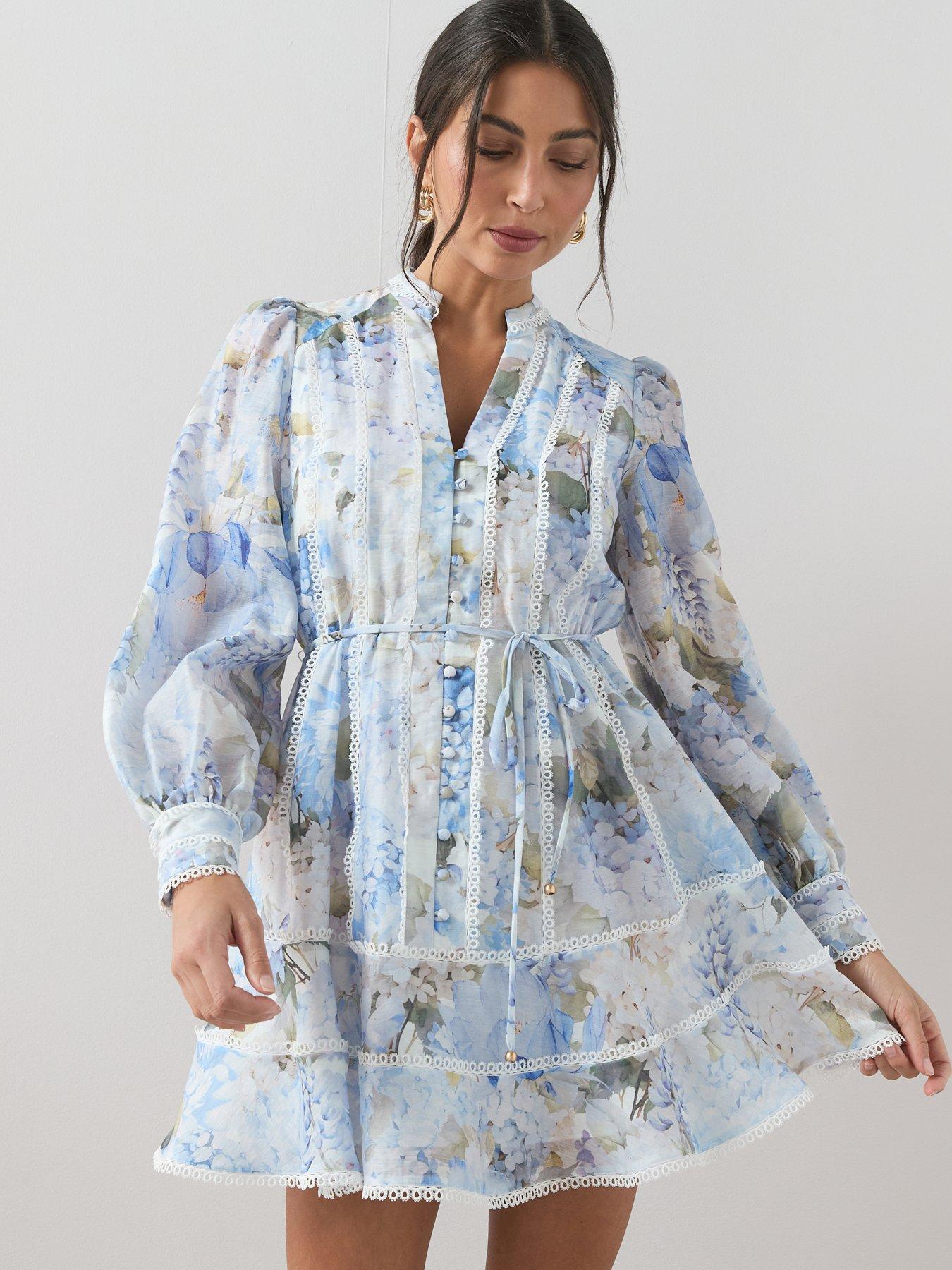 knee length dresses for ladies Women's Print Long Sleeve Pleat Detail Skater Dress