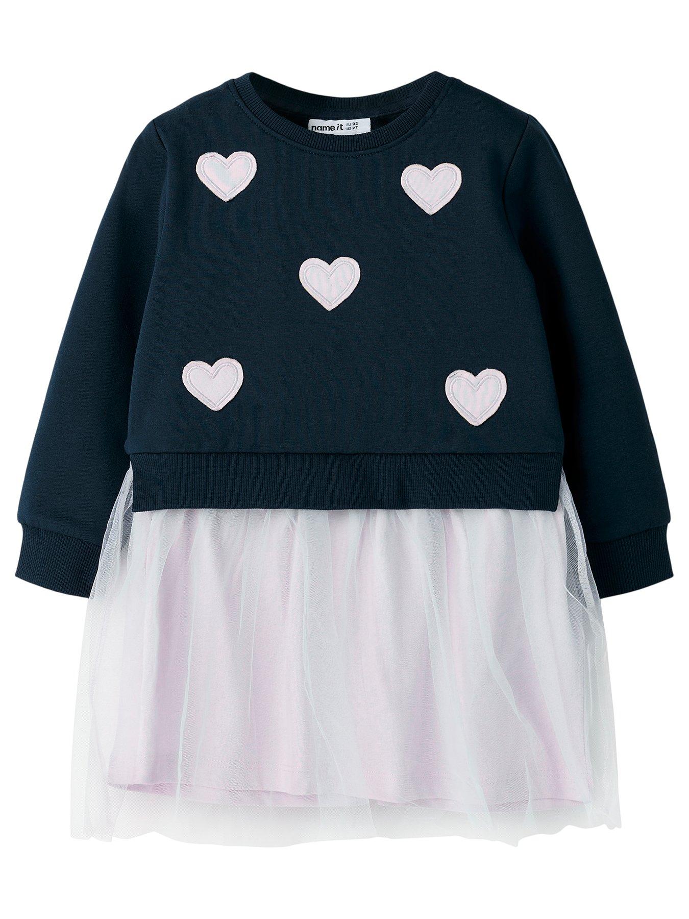 Name It Mini Girls Heart Applique Long Sleeve Tulle Sweat Dress - Navy