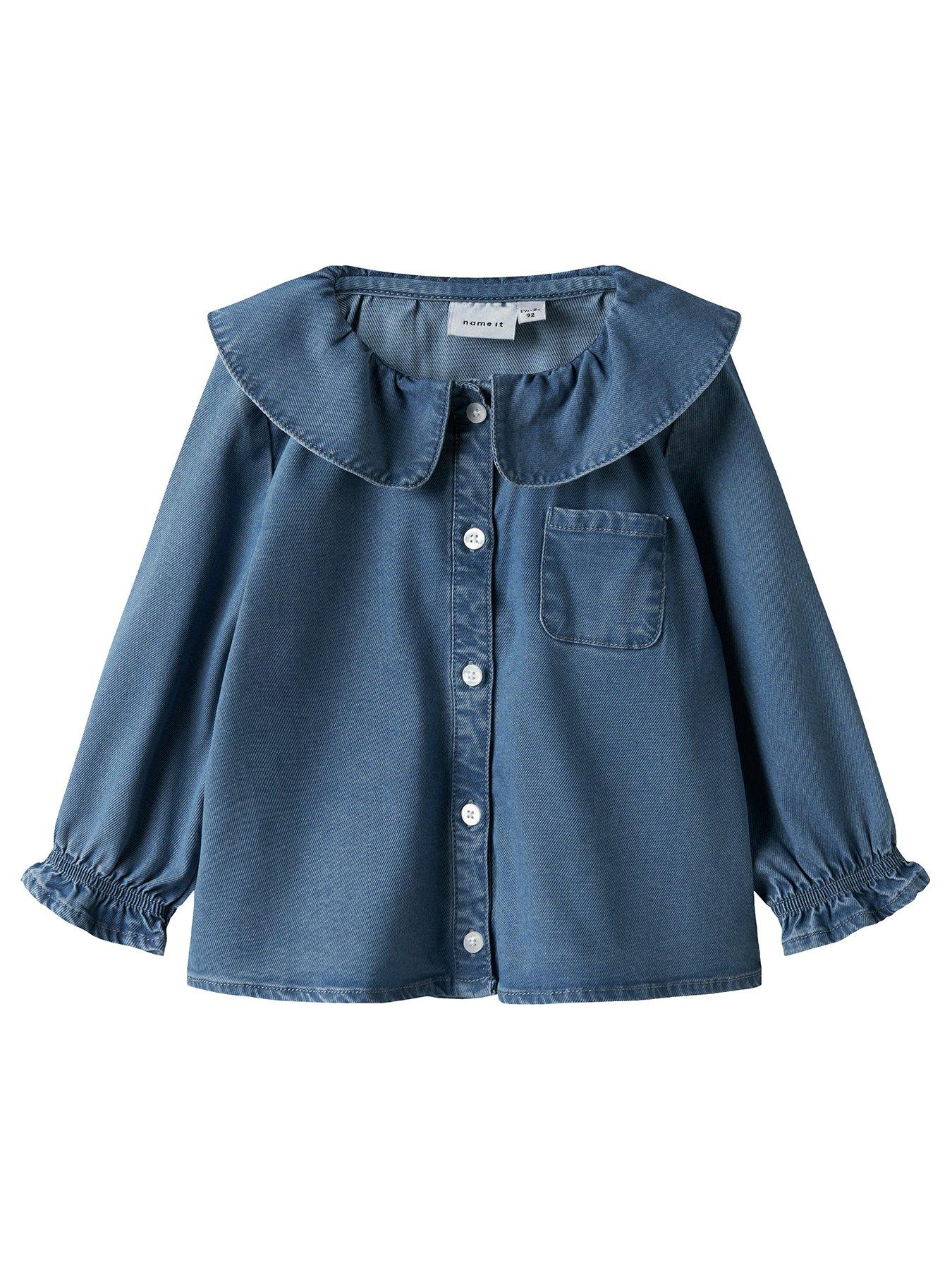 Image 1 of 3 of Name It Mini Girls Long Sleeve Denim Collared Shirt - Blue