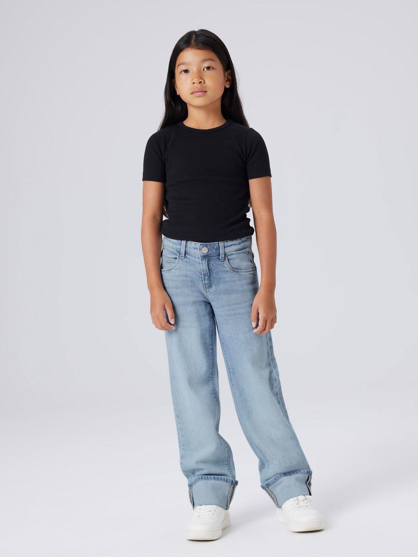 Image 1 of 6 of Name It Girls Straight Leg Turn Up Jeans - Light Blue