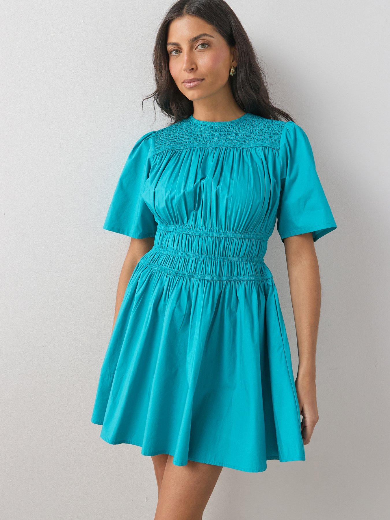 The Very Collection Cotton Shirred Short Sleeve Mini Dress - Blue