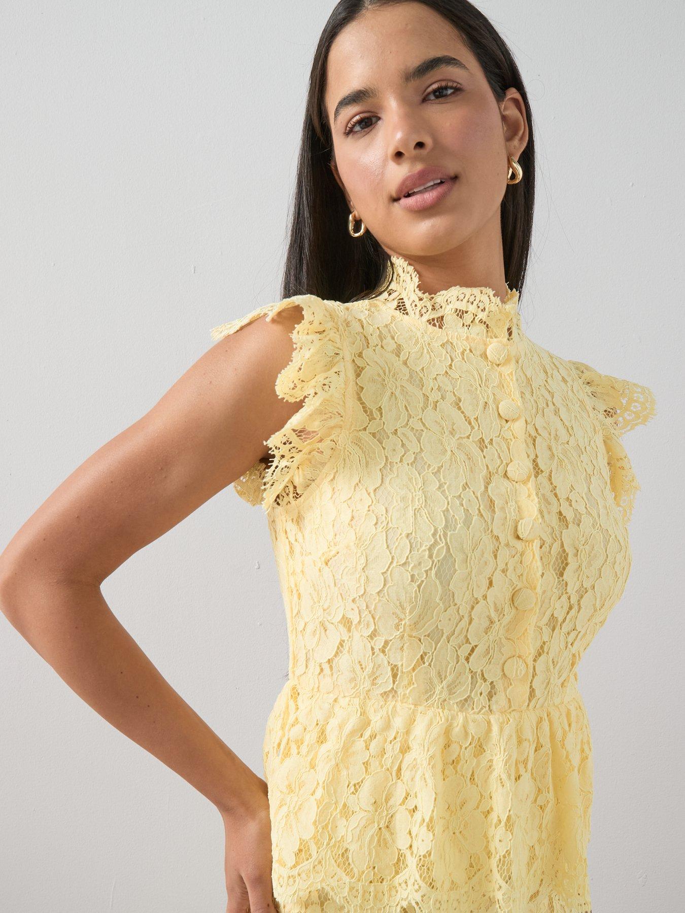 Image 4 of 7 of The Very Collection Lace Button Through Frill Dress - Yellow