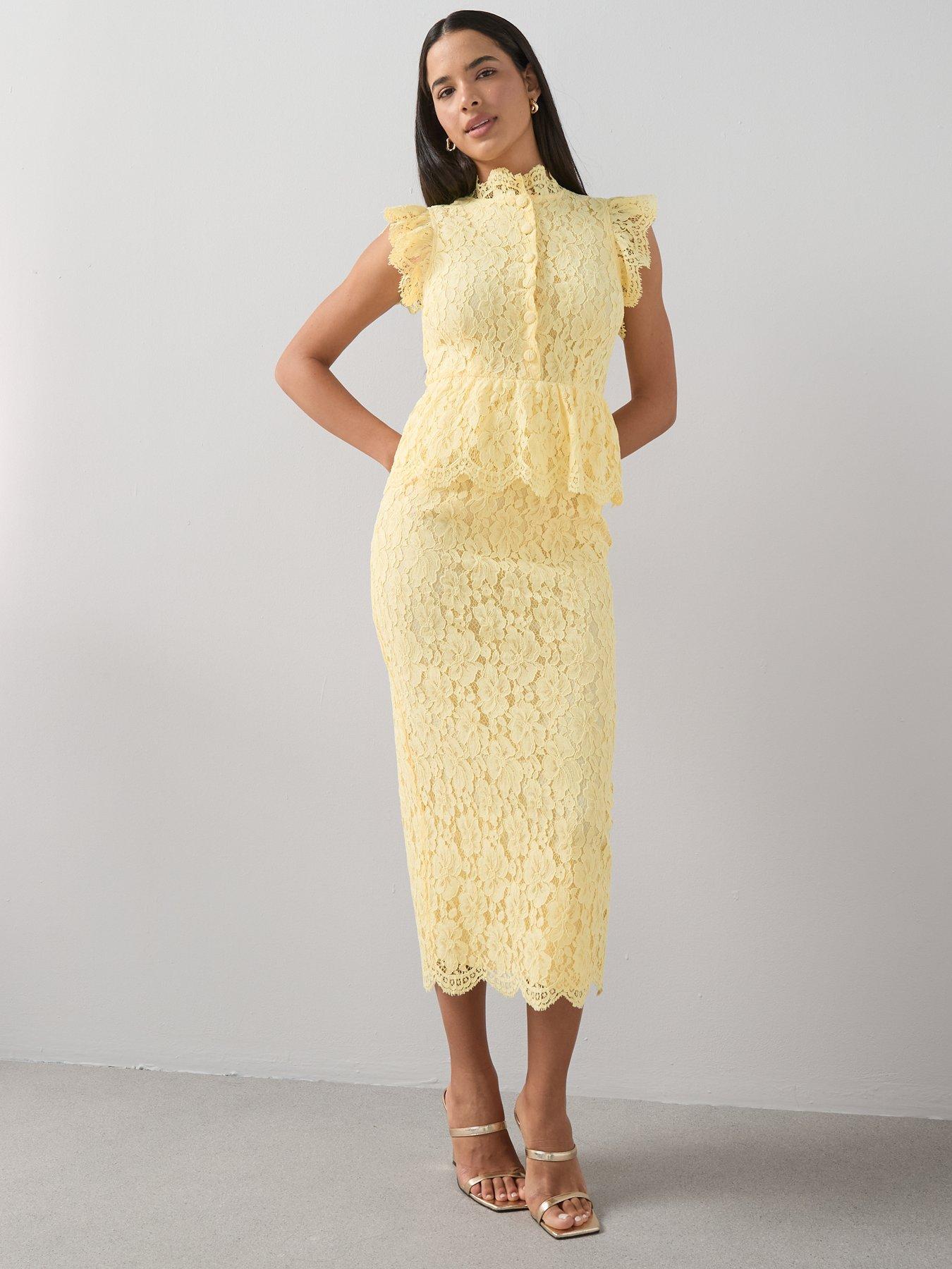Image 6 of 7 of The Very Collection Lace Button Through Frill Dress - Yellow