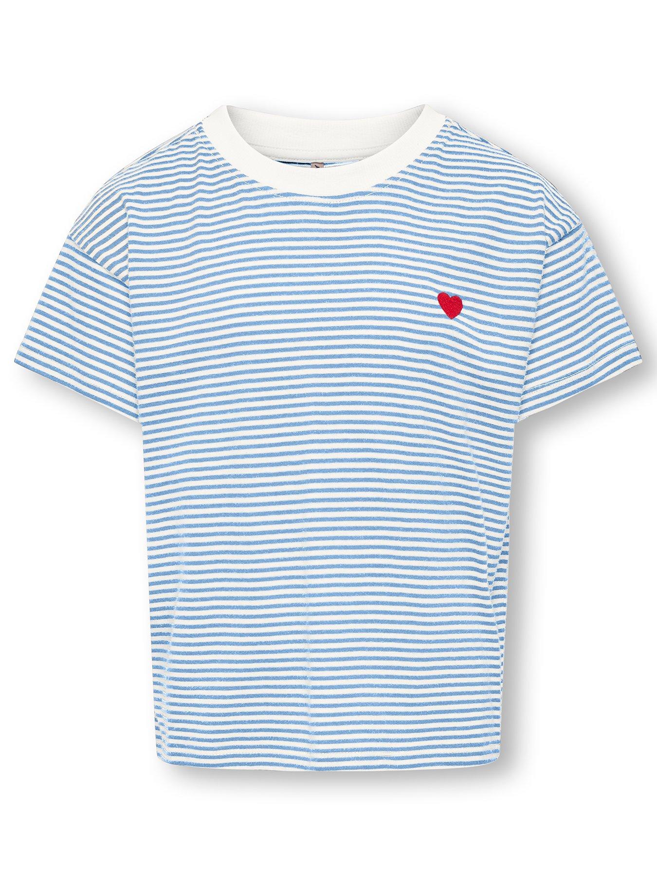 Only Kids Girls Heart Print Stripe Short Sleeve Tshirt - Light Blue