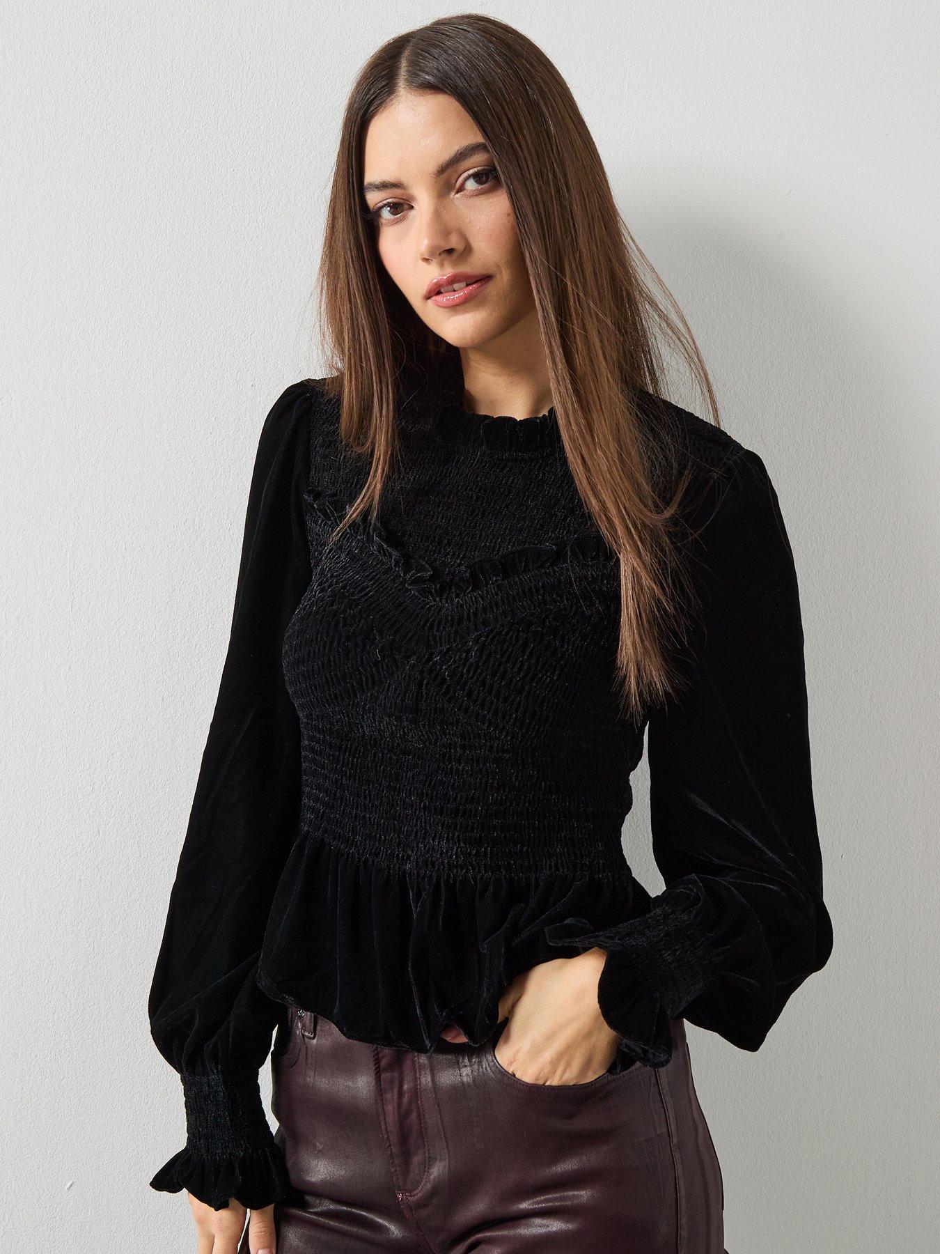 Image 1 of 6 of AllSaints Juno Shirred Top - Black