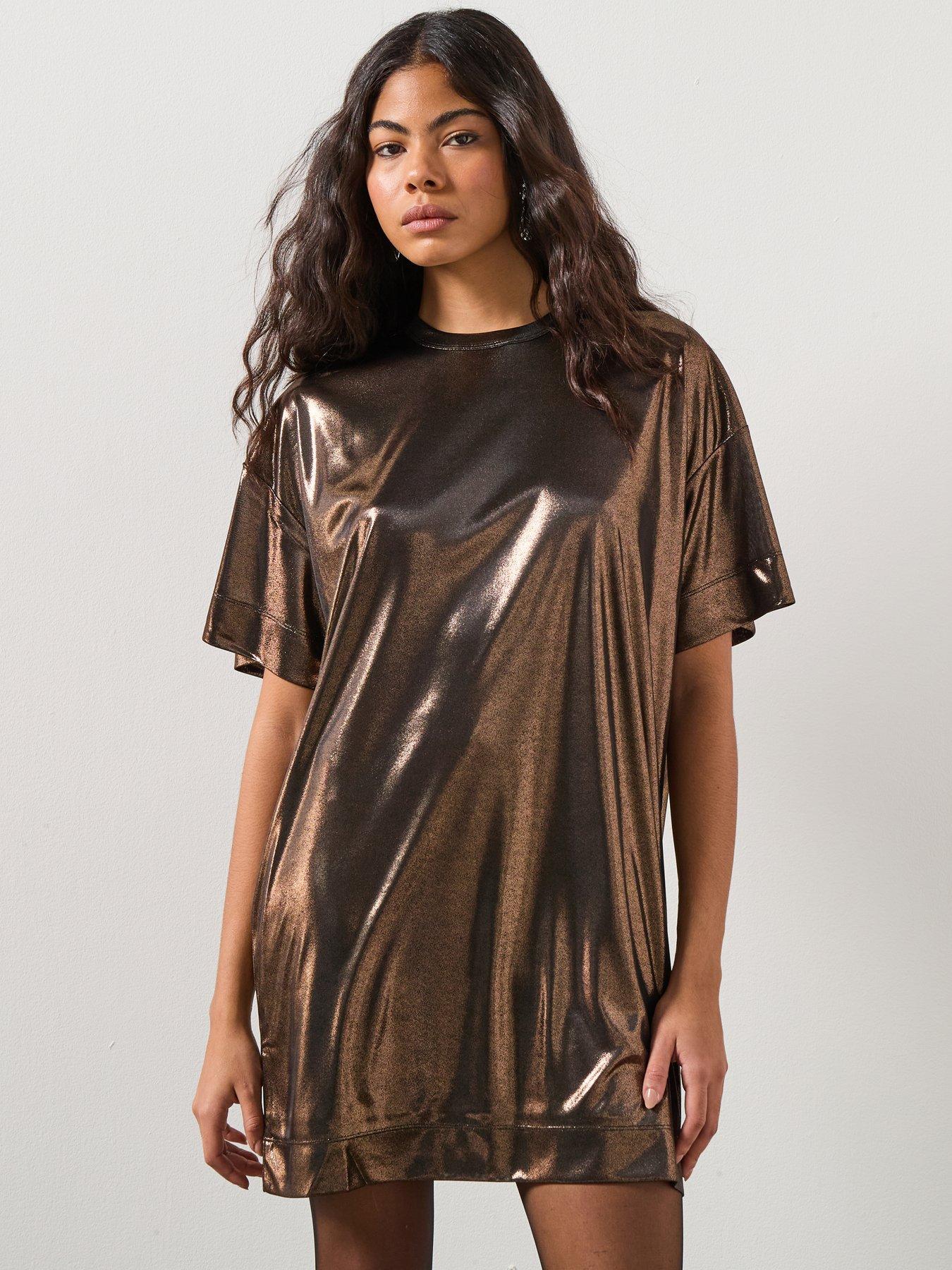 AllSaints Sparkle T-Shirt Dress - Gold