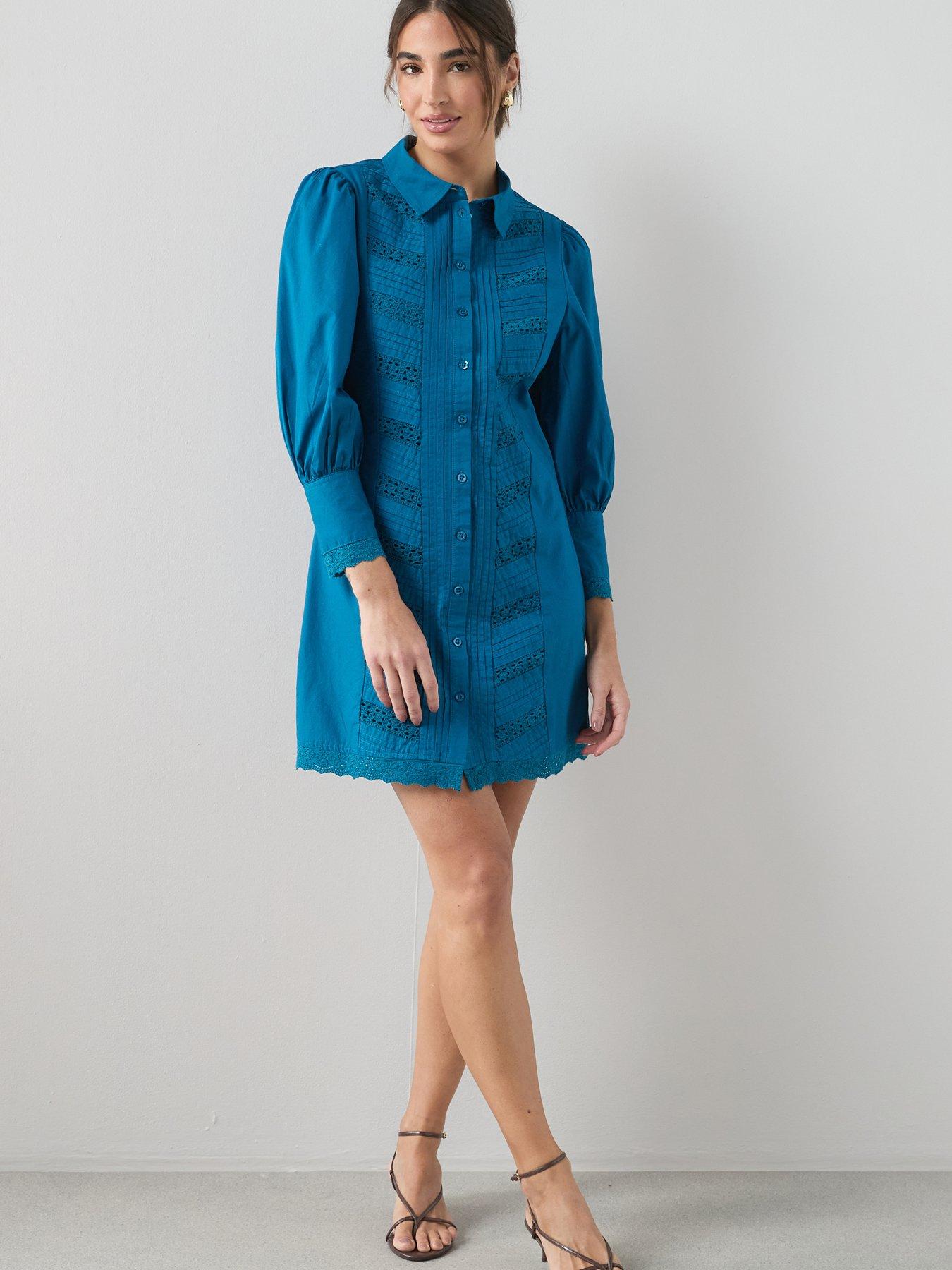 The Very Collection Broderie Insert Shirt Mini Dress - Blue