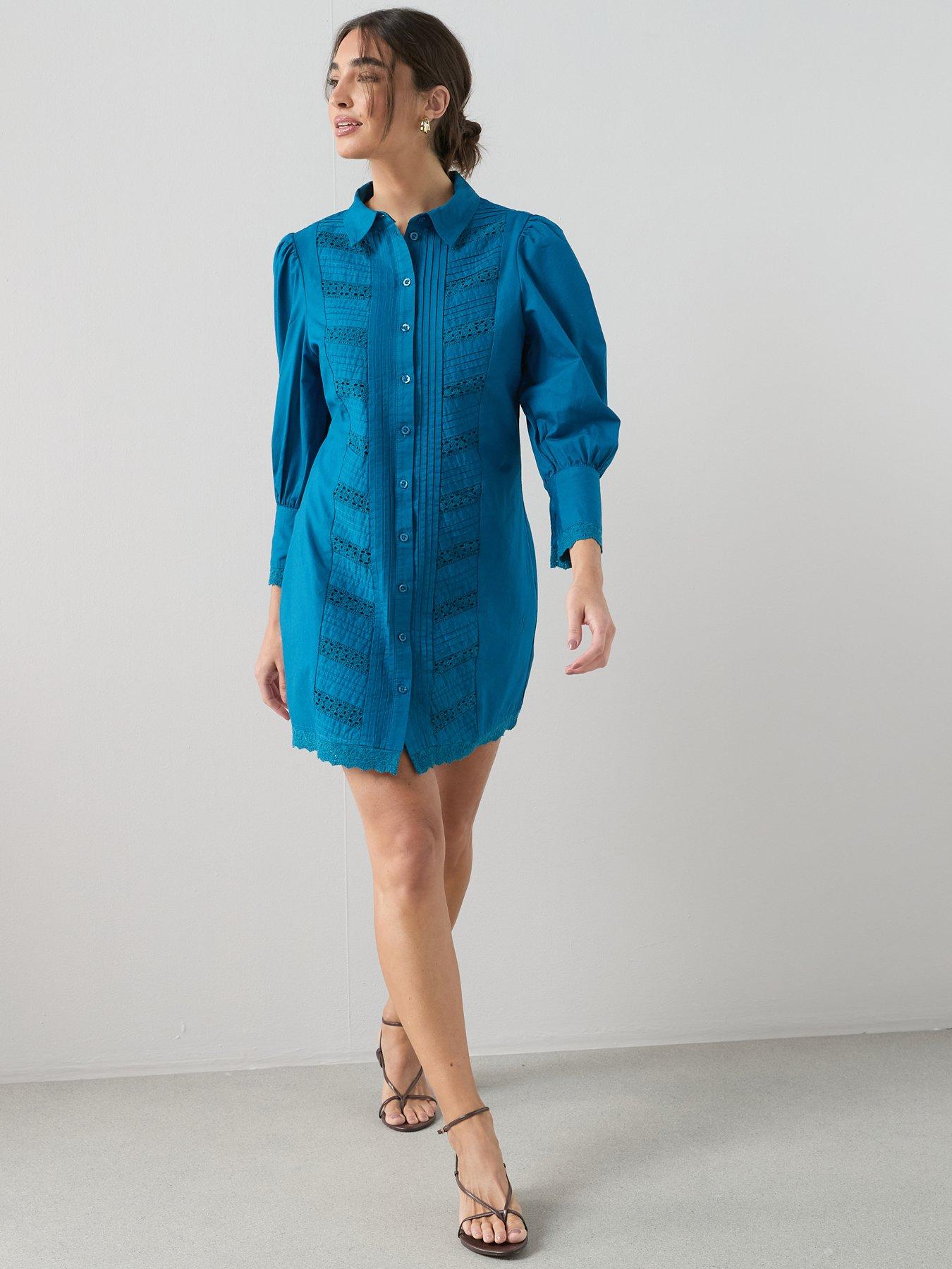 Image 3 of 6 of The Very Collection Broderie Insert Shirt Mini Dress - Blue