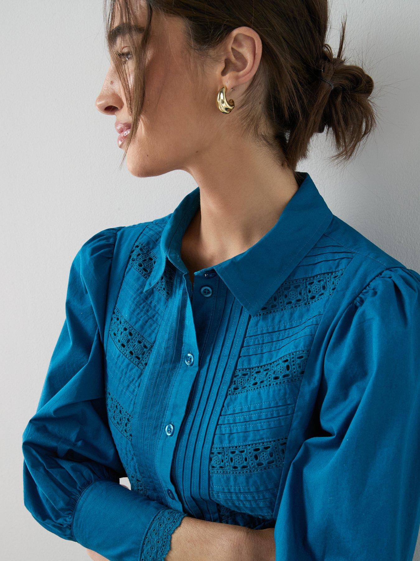 Image 4 of 6 of The Very Collection Broderie Insert Shirt Mini Dress - Blue