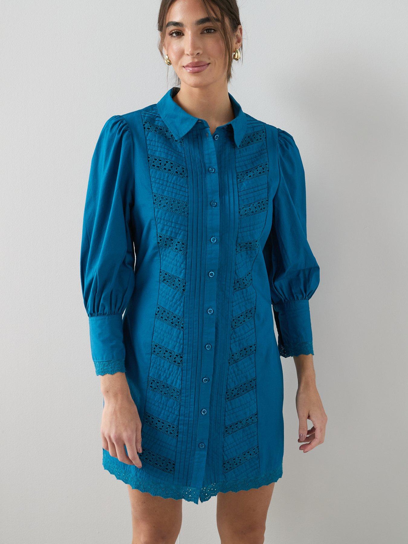 Image 5 of 6 of The Very Collection Broderie Insert Shirt Mini Dress - Blue
