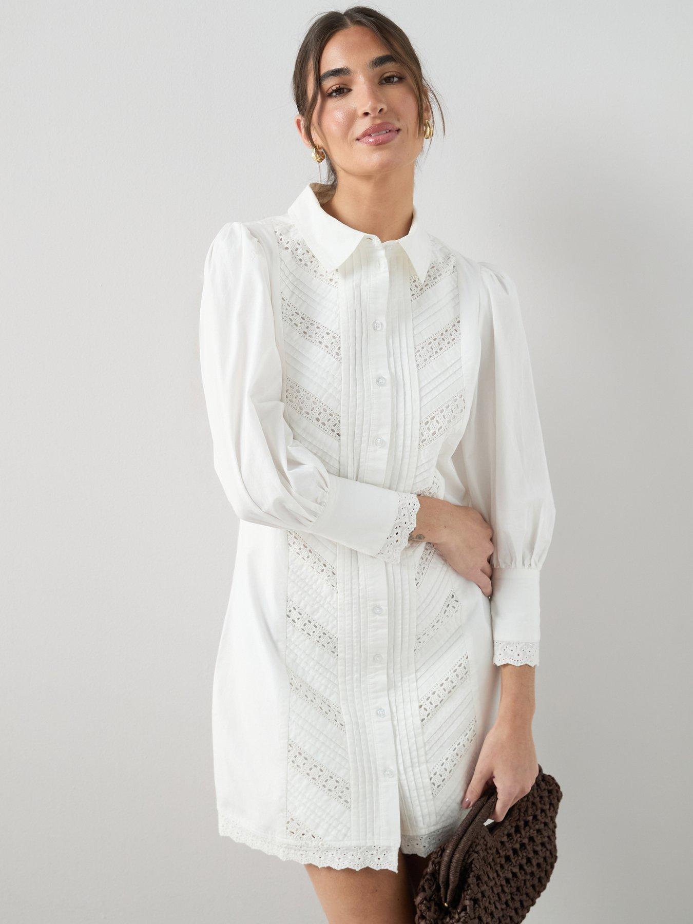 The Very Collection Broderie Insert Shirt Mini Dress - White