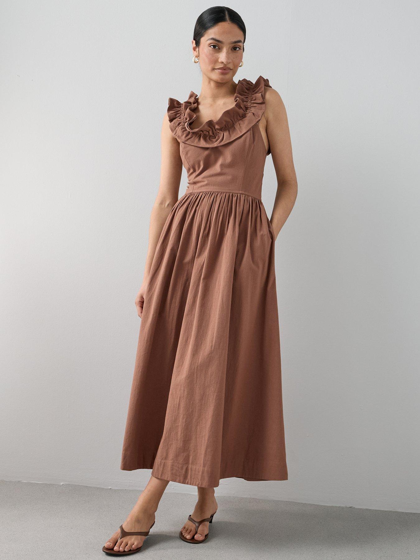 The Very Collection Ruffle Strap Detail Midaxi Dress - Brown