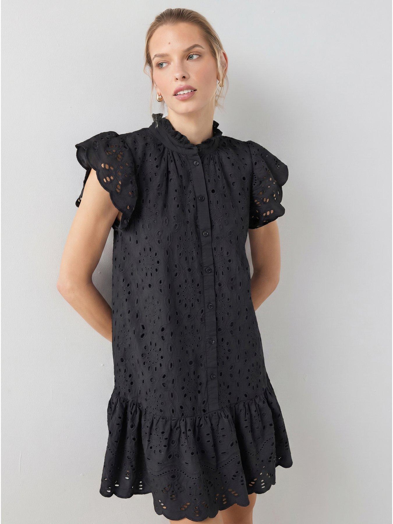 The Very Collection Broderie High Neck Button Mini Dress - Black