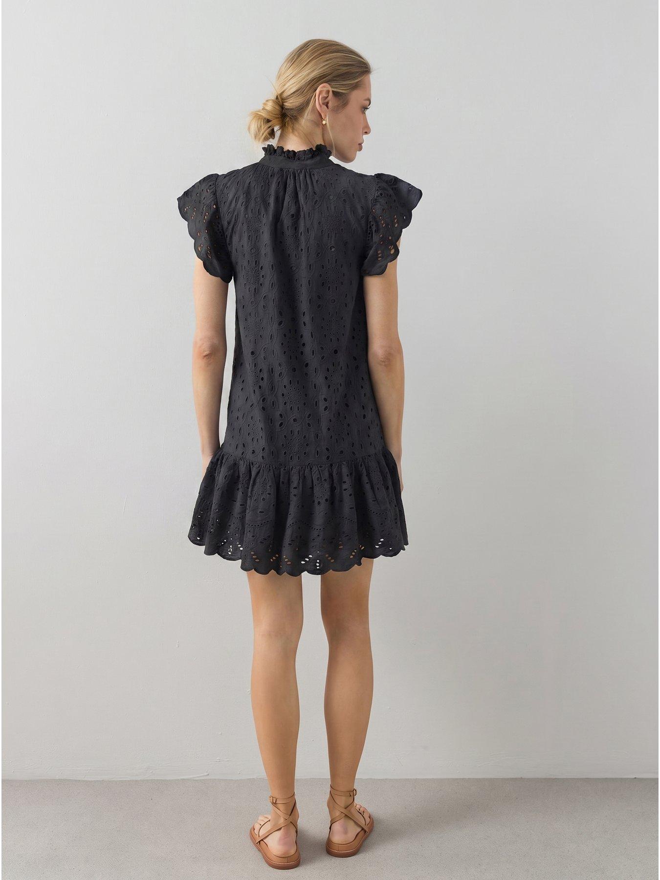 The Very Collection Broderie High Neck Button Mini Dress - Black | Very ...