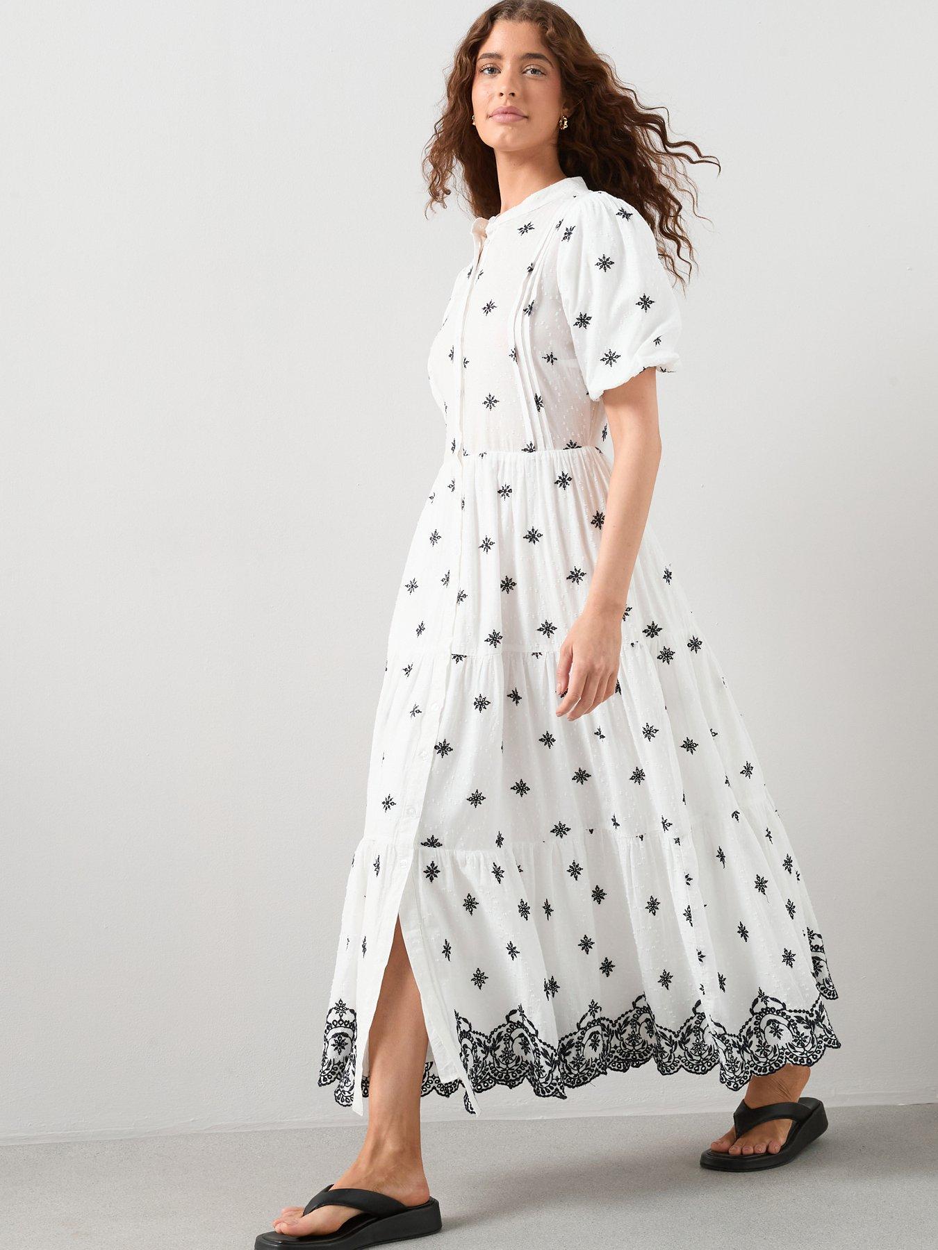 The Very Collection Dobby Broderie Mix Button Down Midaxi Dress - White
