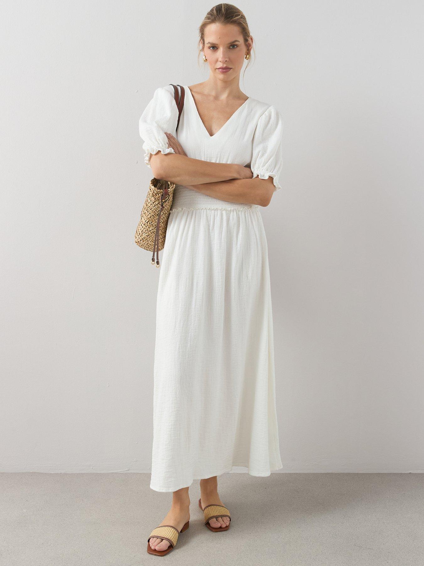 The Very Collection Cheesecloth V Neck Ruched Waist Midi Dress - White