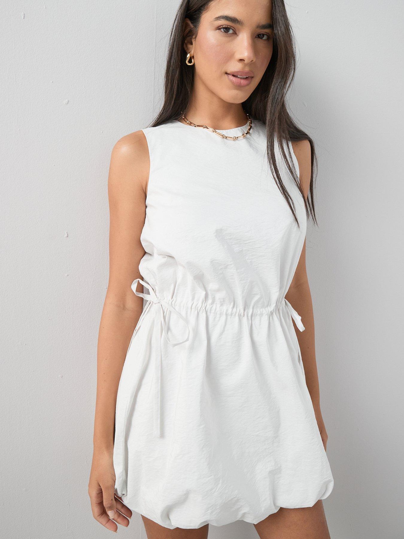 Image 1 of 7 of The Very Collection Puffball Hem Cinched Waist Mini Dress - Cream