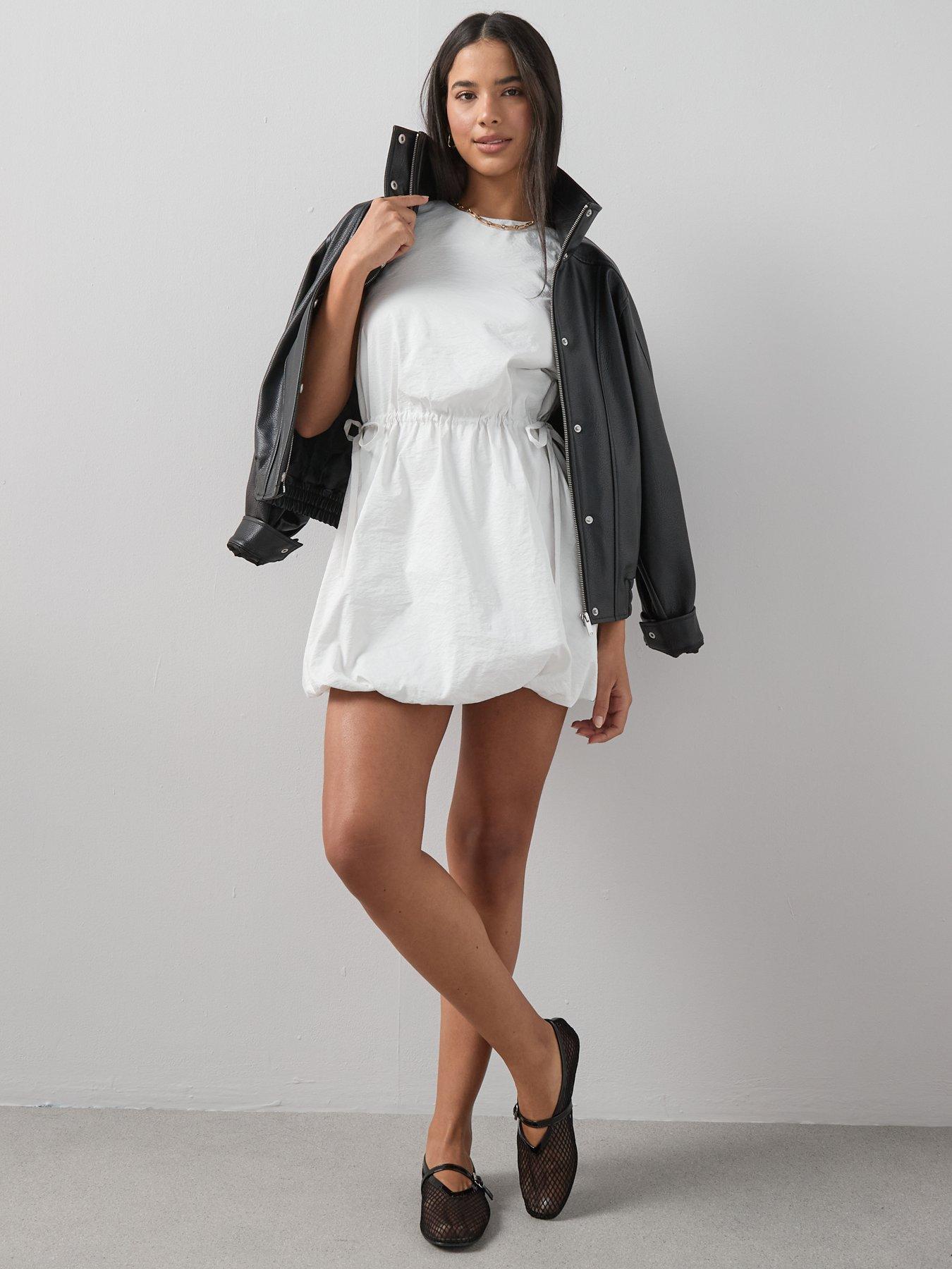 Image 3 of 7 of The Very Collection Puffball Hem Cinched Waist Mini Dress - Cream