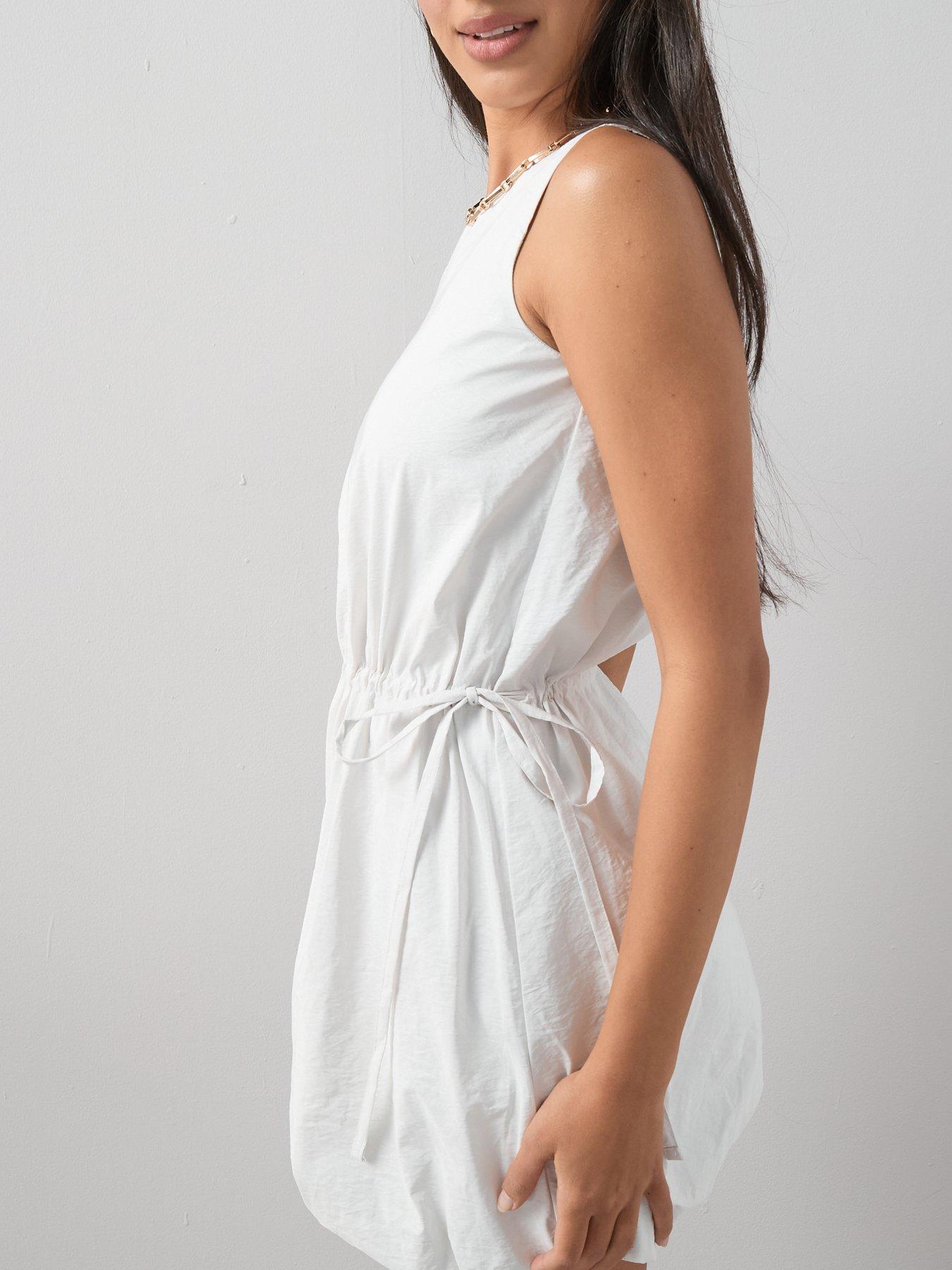 Image 4 of 7 of The Very Collection Puffball Hem Cinched Waist Mini Dress - Cream