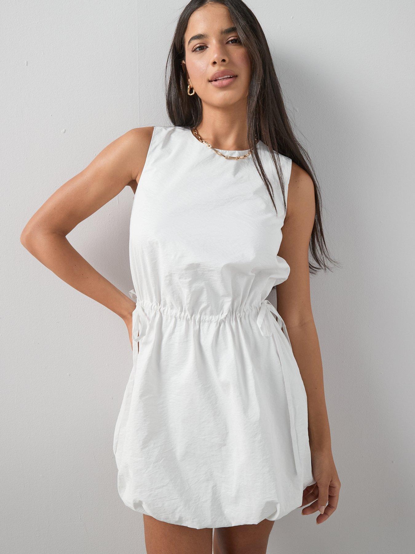 Image 6 of 7 of The Very Collection Puffball Hem Cinched Waist Mini Dress - Cream
