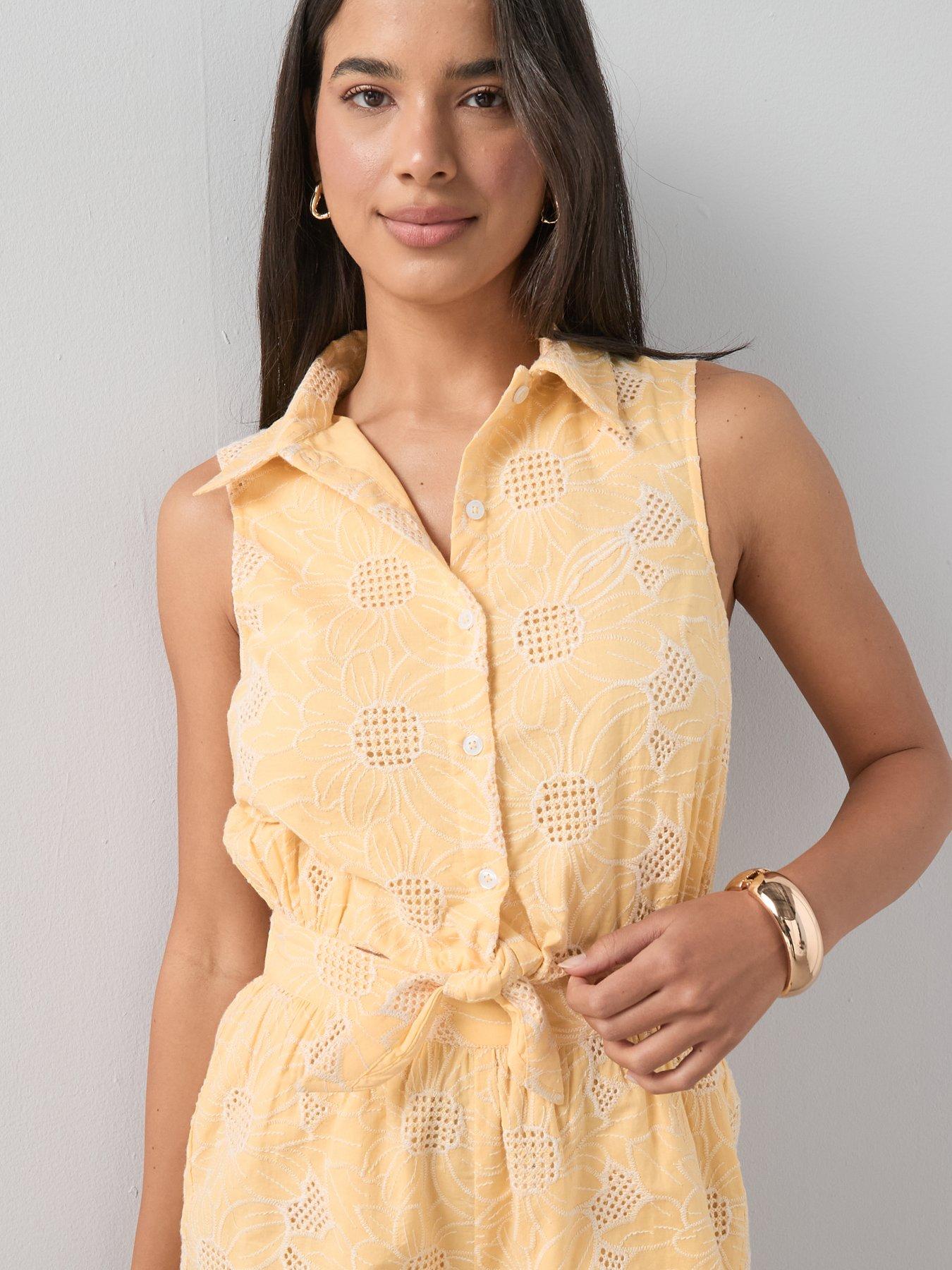 Image 4 of 7 of The Very Collection Broderie Tie Front Playsuit - Yellow