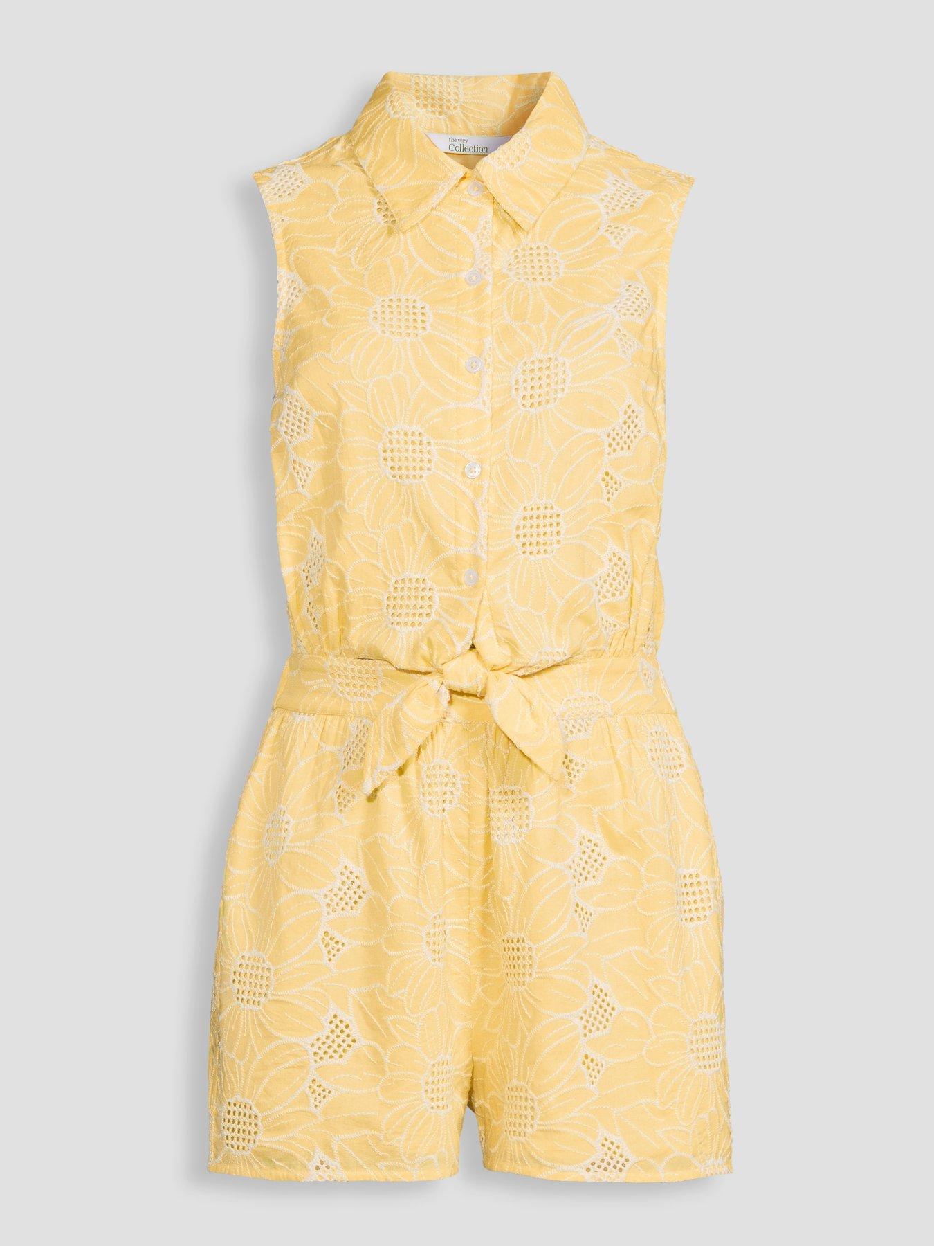 Image 7 of 7 of The Very Collection Broderie Tie Front Playsuit - Yellow