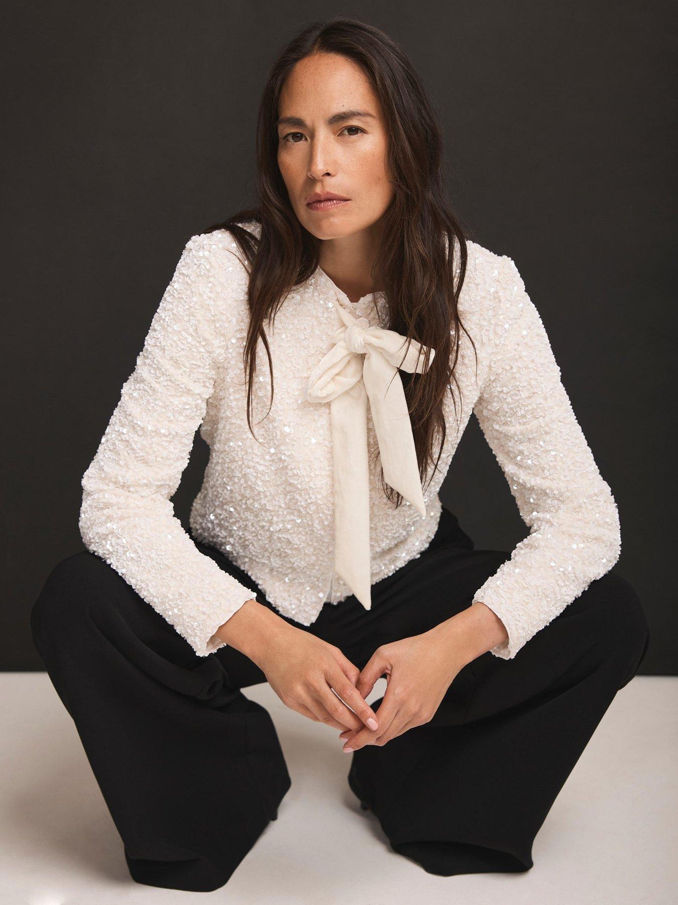 Image 1 of 6 of Mint Velvet Ivory Sequin Bow Jacket - White