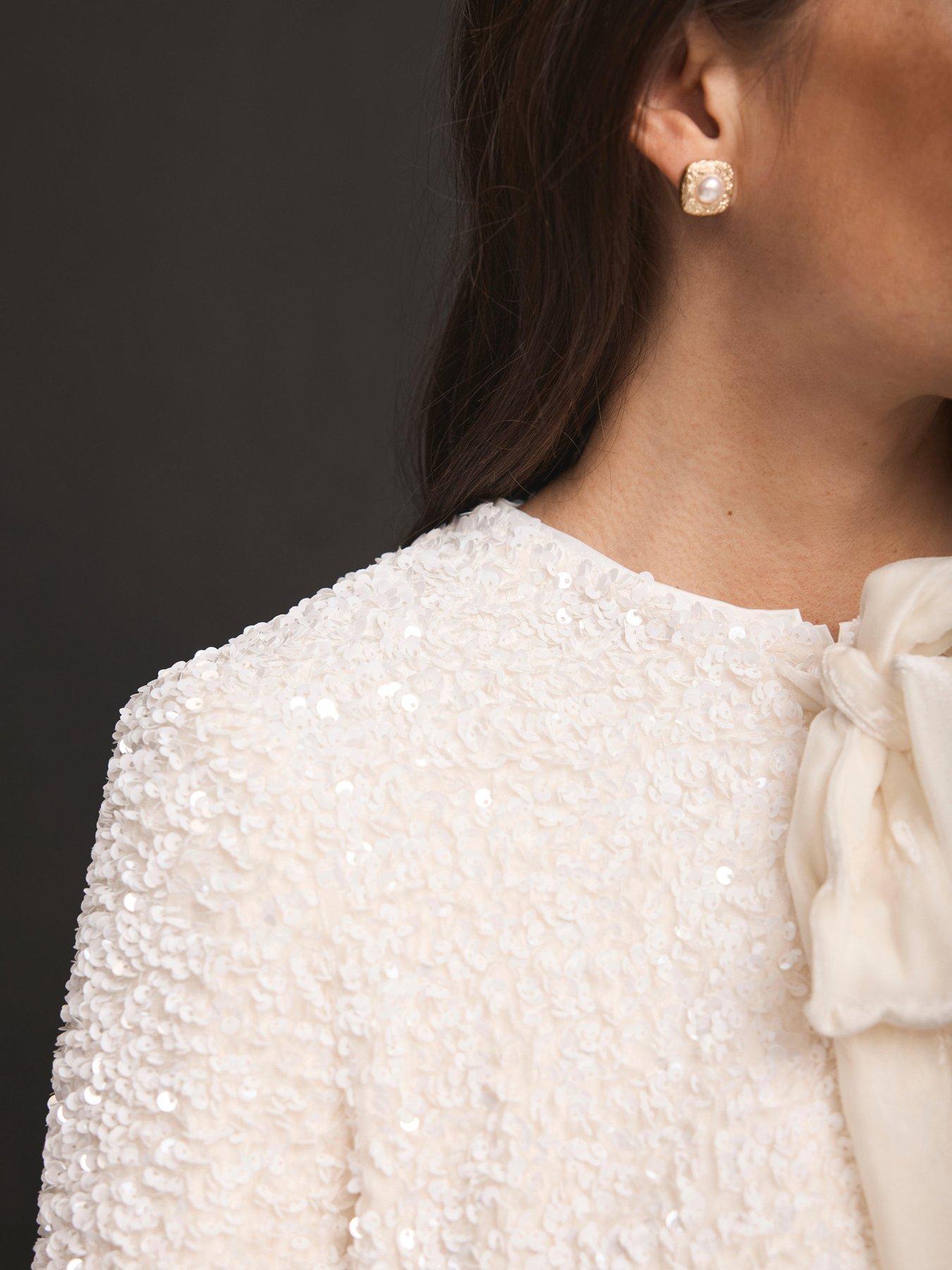 Image 4 of 6 of Mint Velvet Ivory Sequin Bow Jacket - White