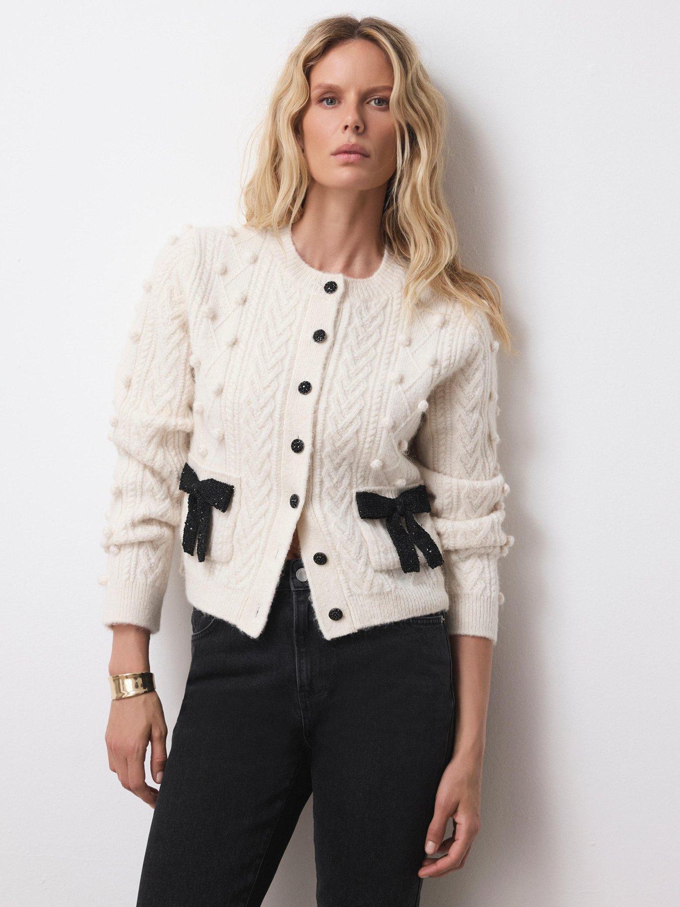 Mint Velvet Ivory Bobble Bow Cardigan - Cream