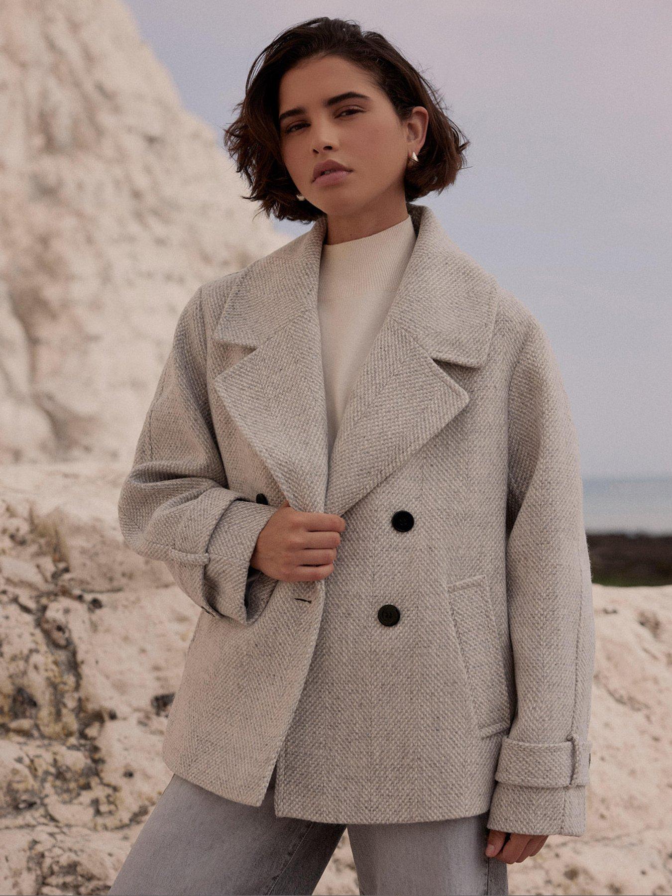 Image 1 of 6 of Mint Velvet Textured Funnel Coat - Grey