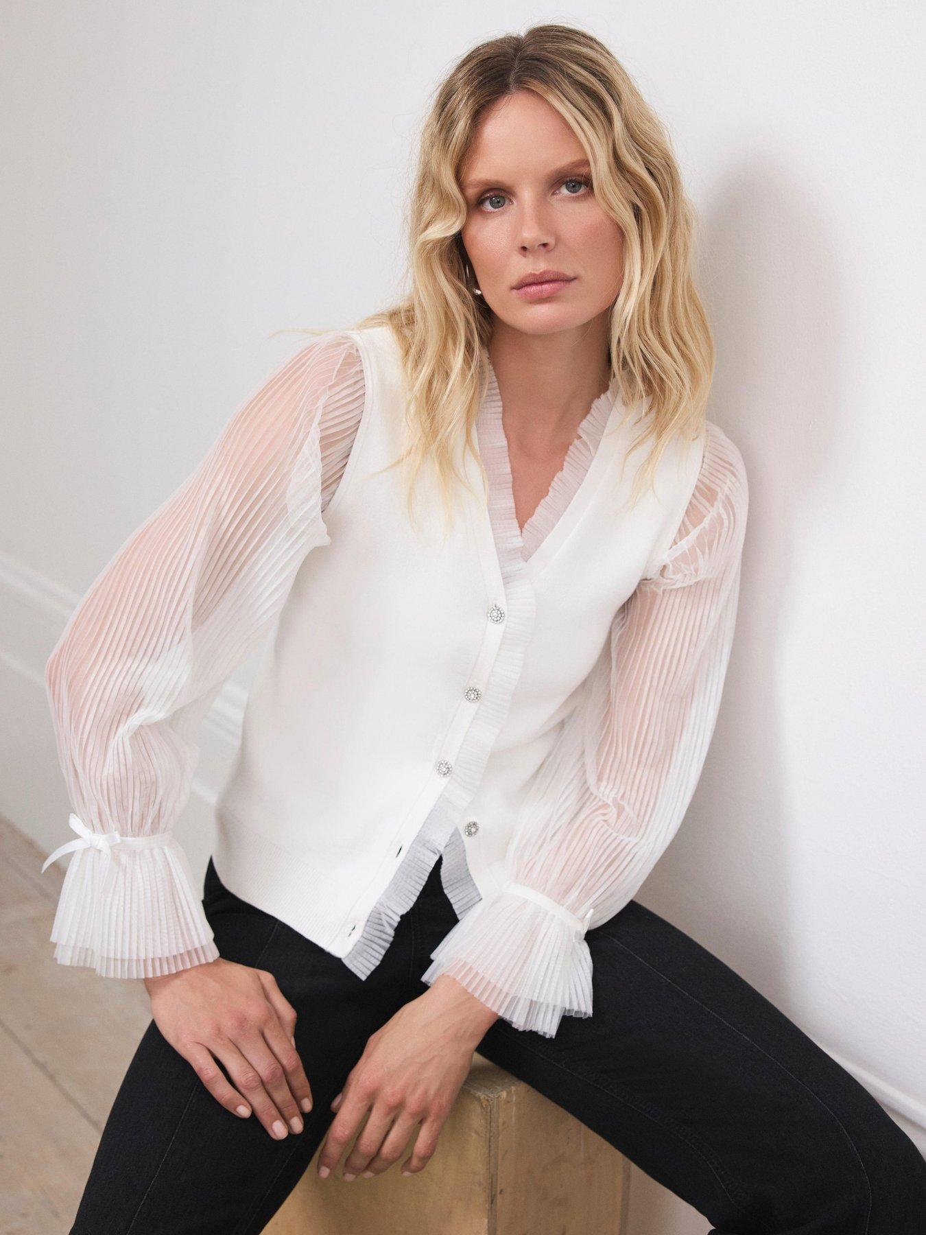 Mint Velvet Cream Tulle Sleeve Cardigan - White