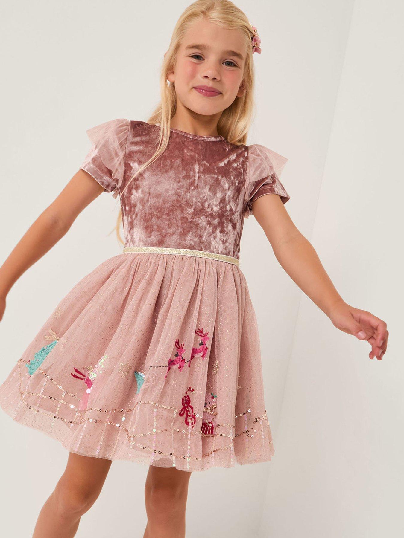 Monsoon Girls Christmas Scne Disco Velvet Dress - Pink