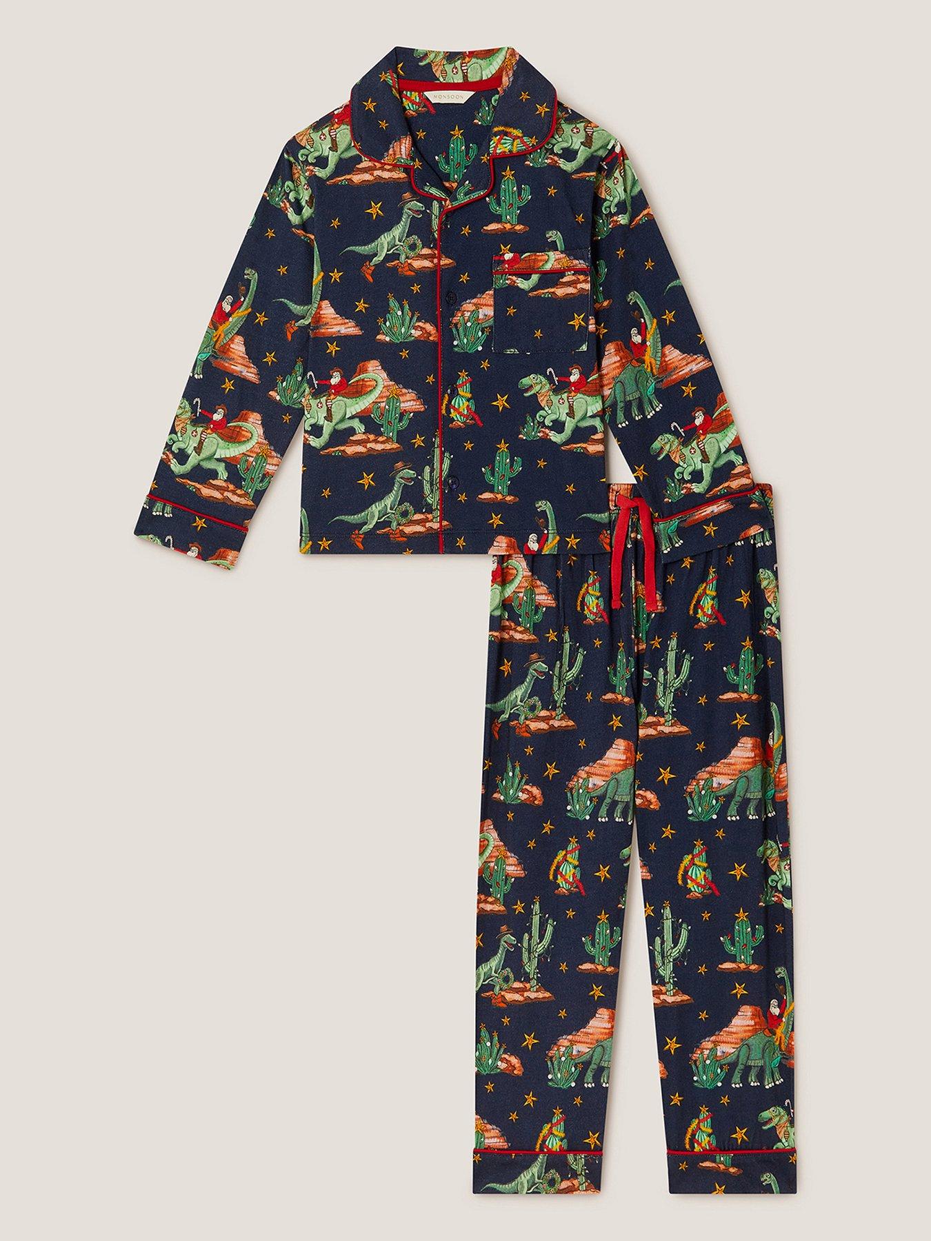 Monsoon Boys Jersey Christmas Dino Santa Pyjamas - Navy