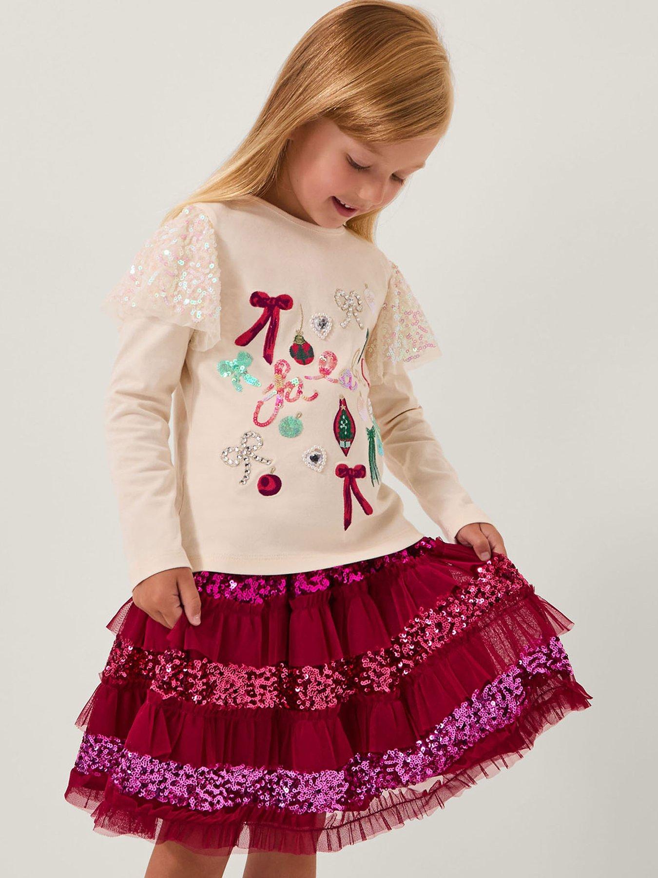 Monsoon Girls Christmas Falala Embroidered Top - Light Cream