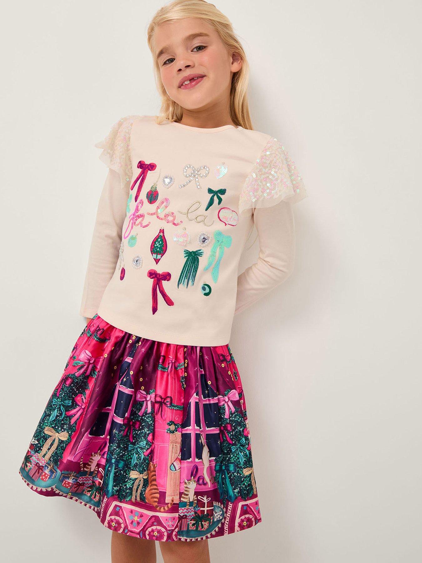 Monsoon Girls Christmas Satin Scene Skirt - Pink