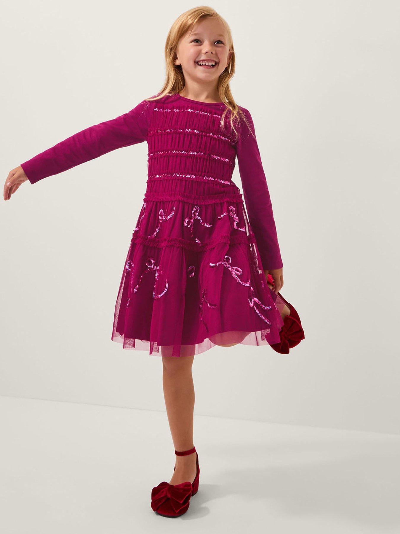 Monsoon Girls Jersey Mesh Bow Dress - Red