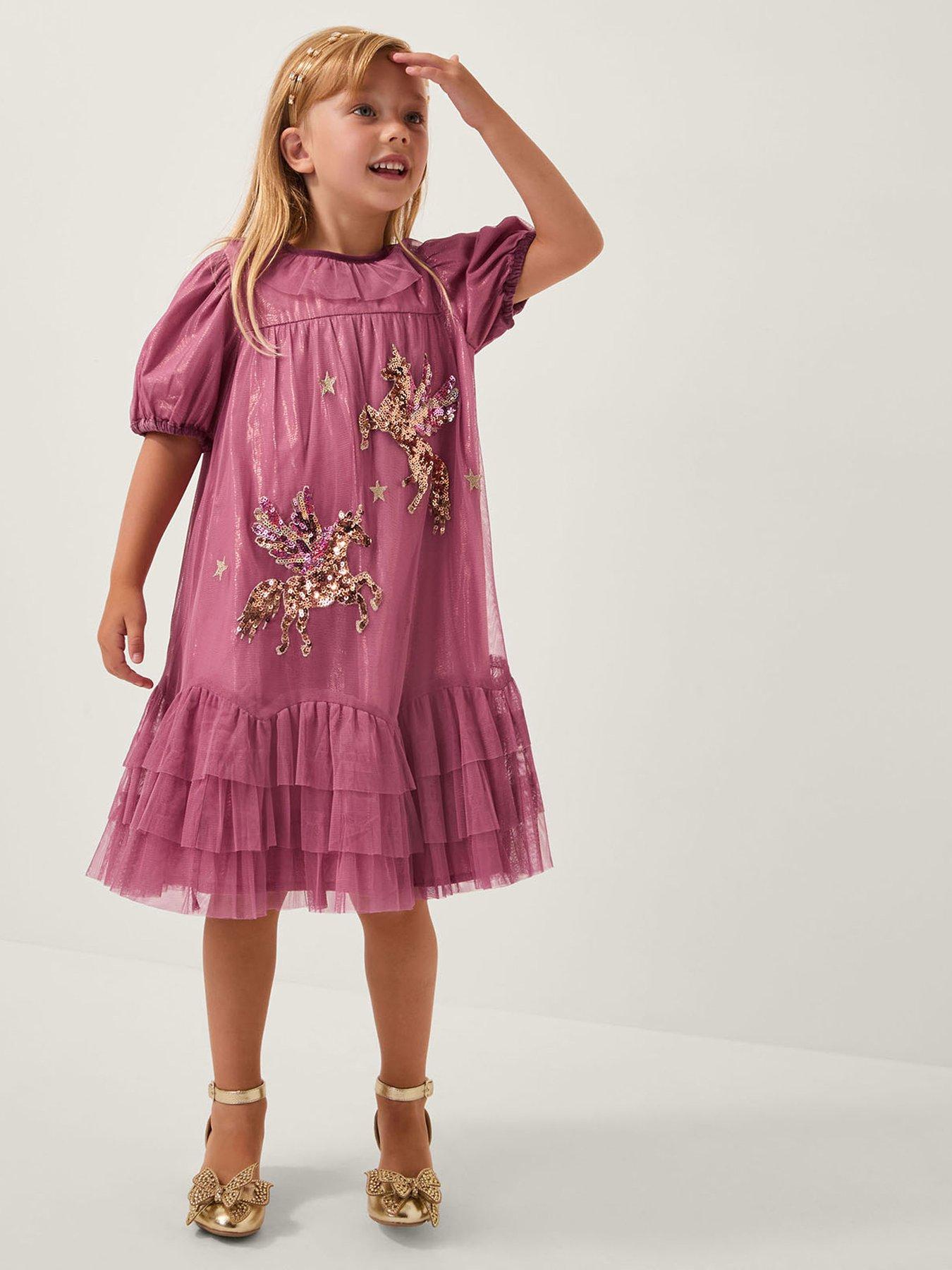 Monsoon Girls Christmas Unicorn Trapeze Dress - Pink