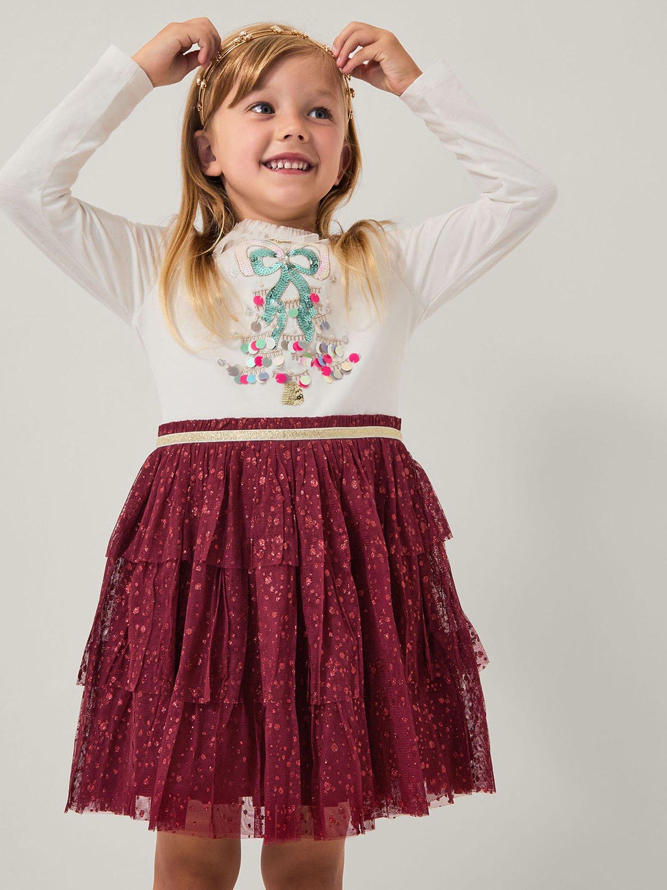 Monsoon Girls Christmas Raspberry Red Tree Dress - Red