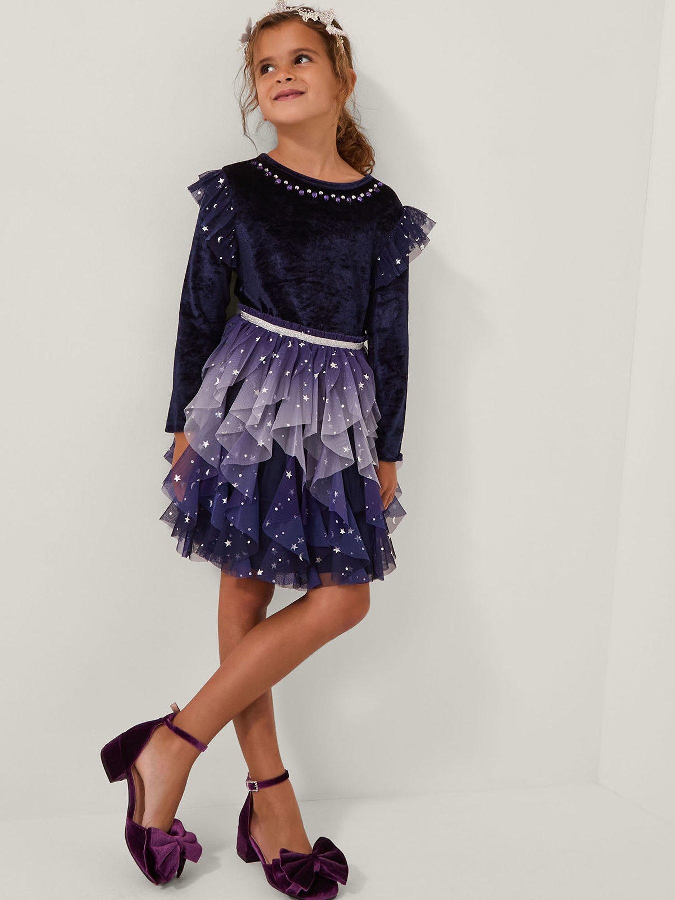 Monsoon Girls Cosmic Velour Long Sleeve Disco Dress - Navy