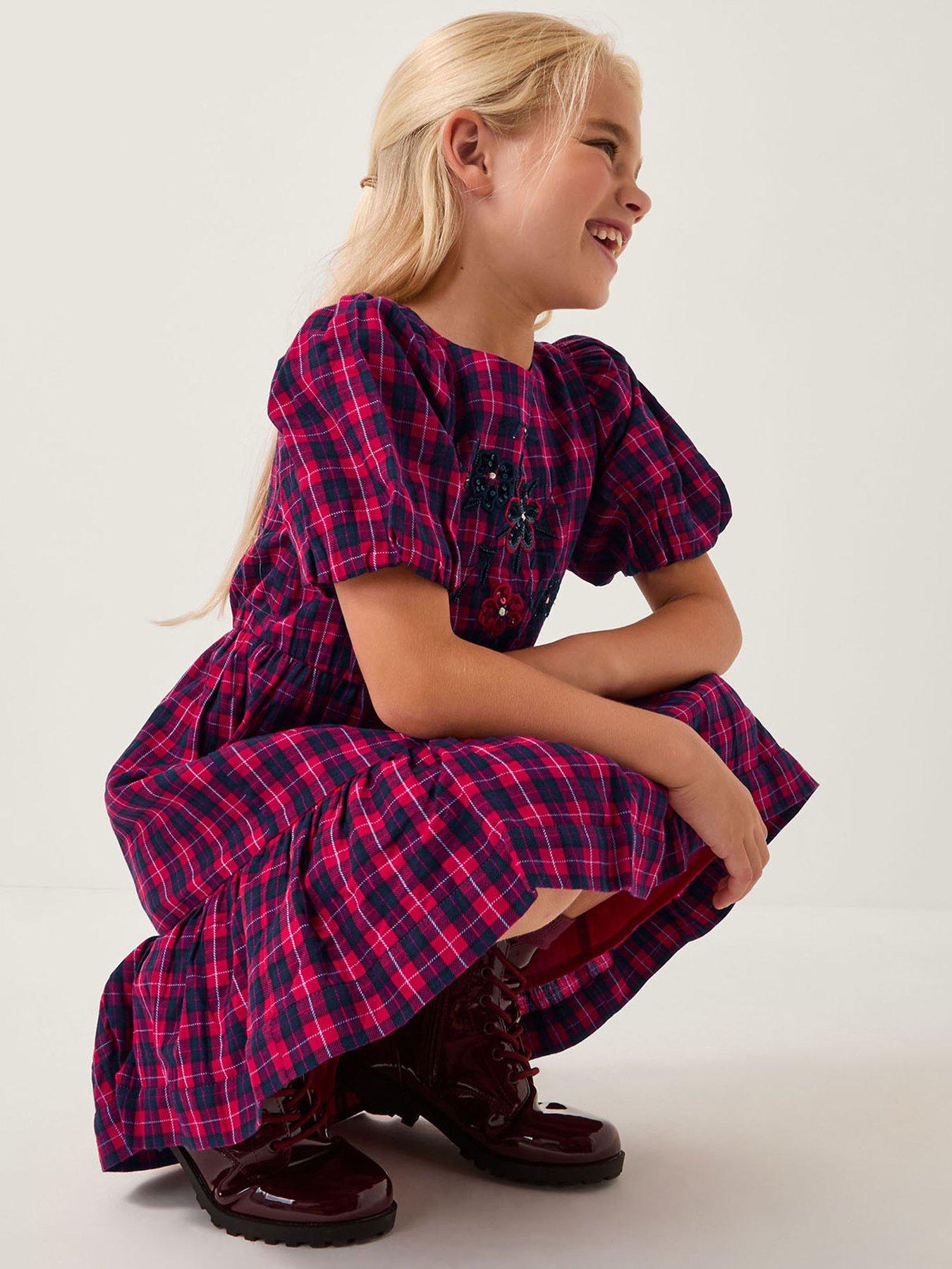 Monsoon Girls Sequin Embroidered Tartan Dress - Red