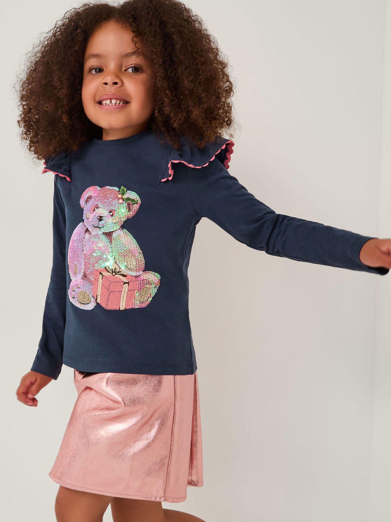 Monsoon Girls Christmas Sequin Bear Tshirt - Navy