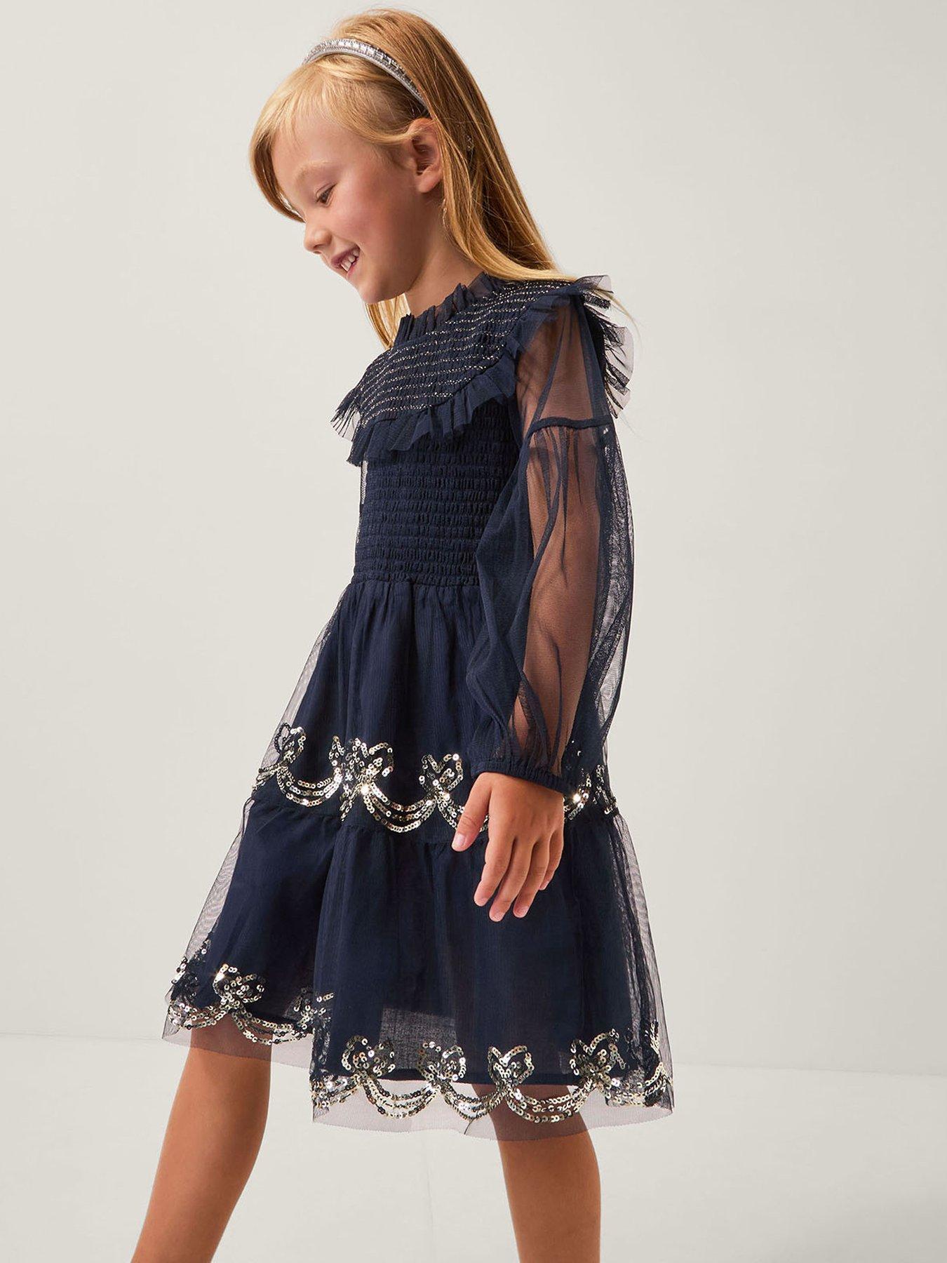 Monsoon Girls Bow Shirred Mesh Dress - Navy
