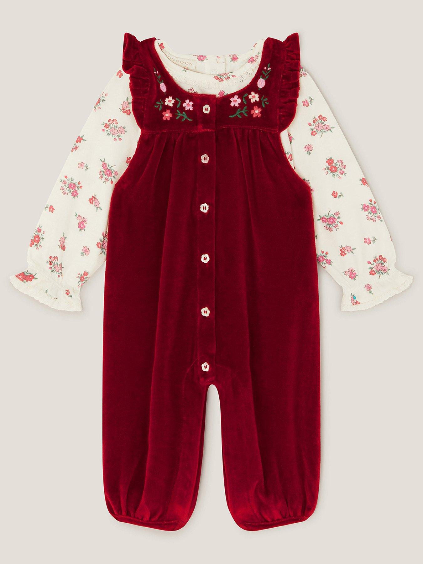 Monsoon Baby Girls Christmas Velour Embroidered Dungaree - Red