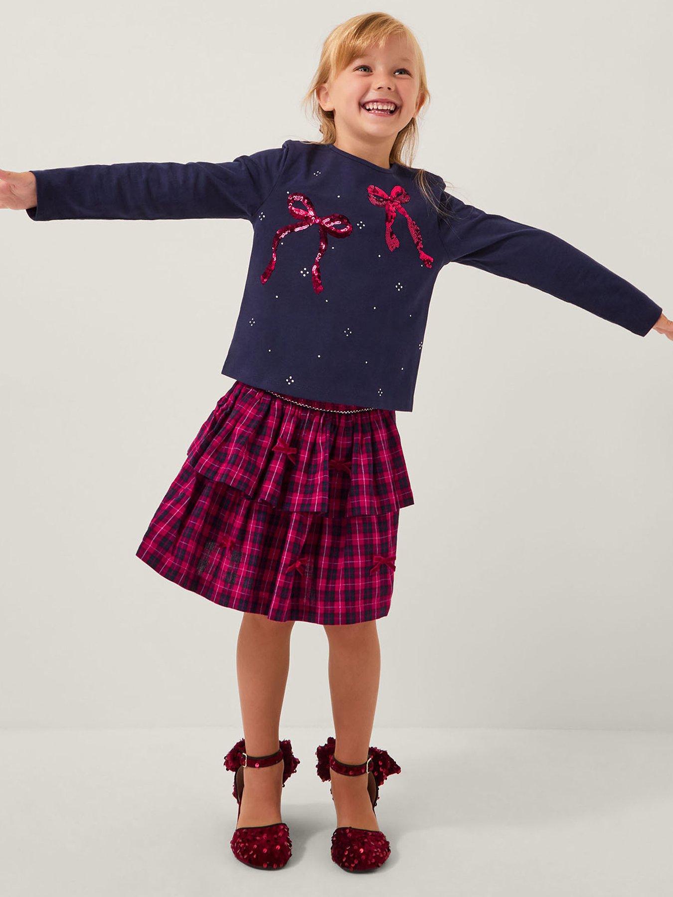 Monsoon Girls Bow Embellished Top  &  Tartan Skirt Set - Red
