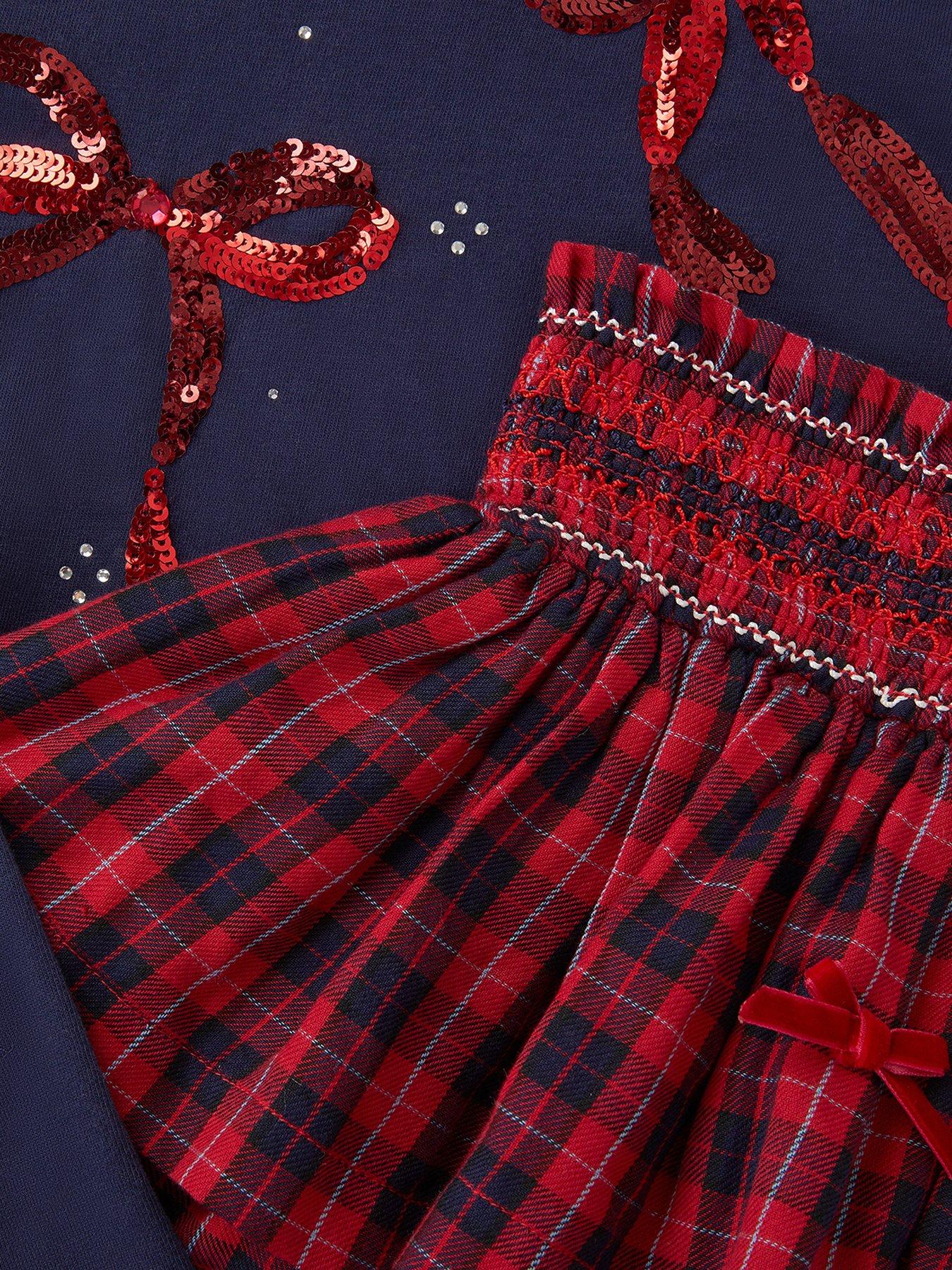 Monsoon Girls Bow Embellished Top Tartan Skirt Set Red Very