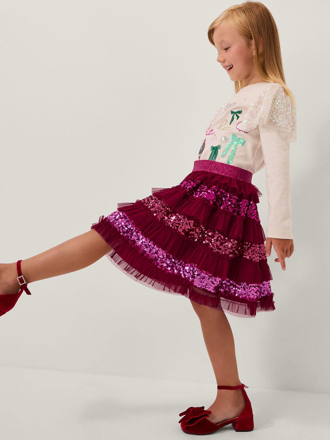 Monsoon Girls Sequin Ruffle Disco Skirt - Red
